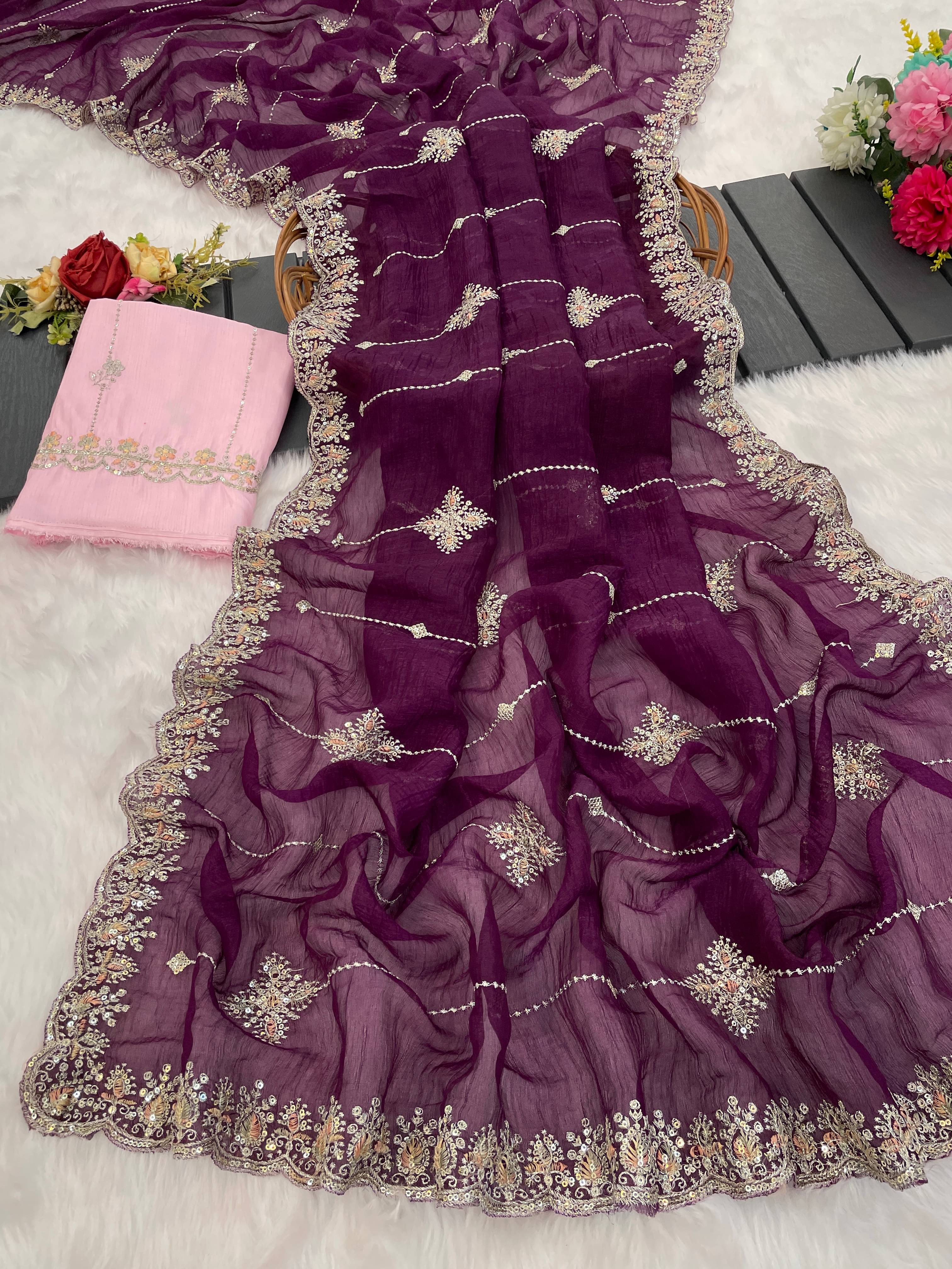     			Kandora Jimmy Choo Embroidered Regular Saree With Unstitched Blouse Piece ( Purple )