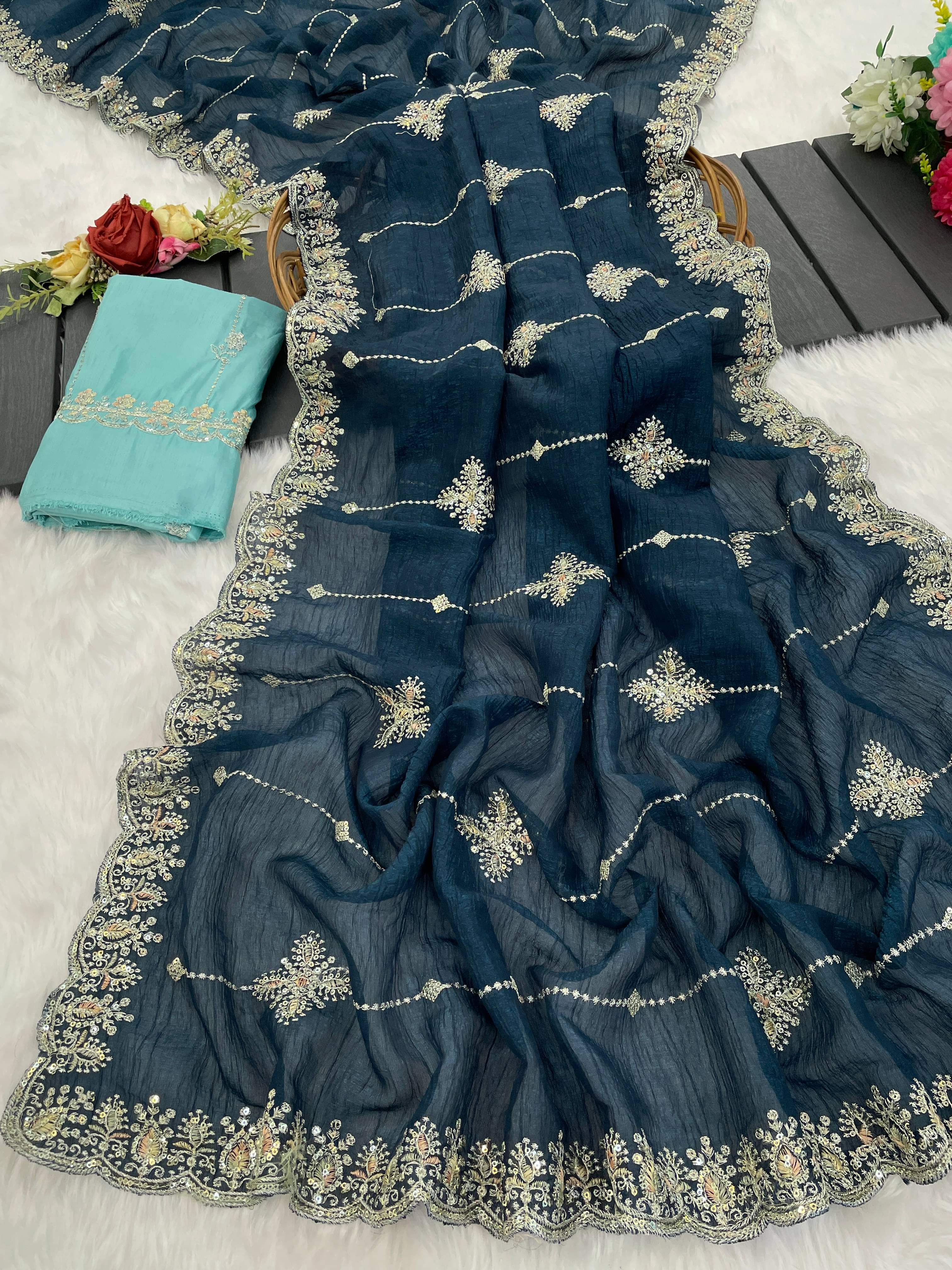 Kandora Jimmy Choo Embroidered Regular Saree With Unstitched Blouse Piece ( Navy Blue ) Kandora Jimmy Choo Embroidered Regular Saree With Unstitched Blouse Piece ( Navy Blue )