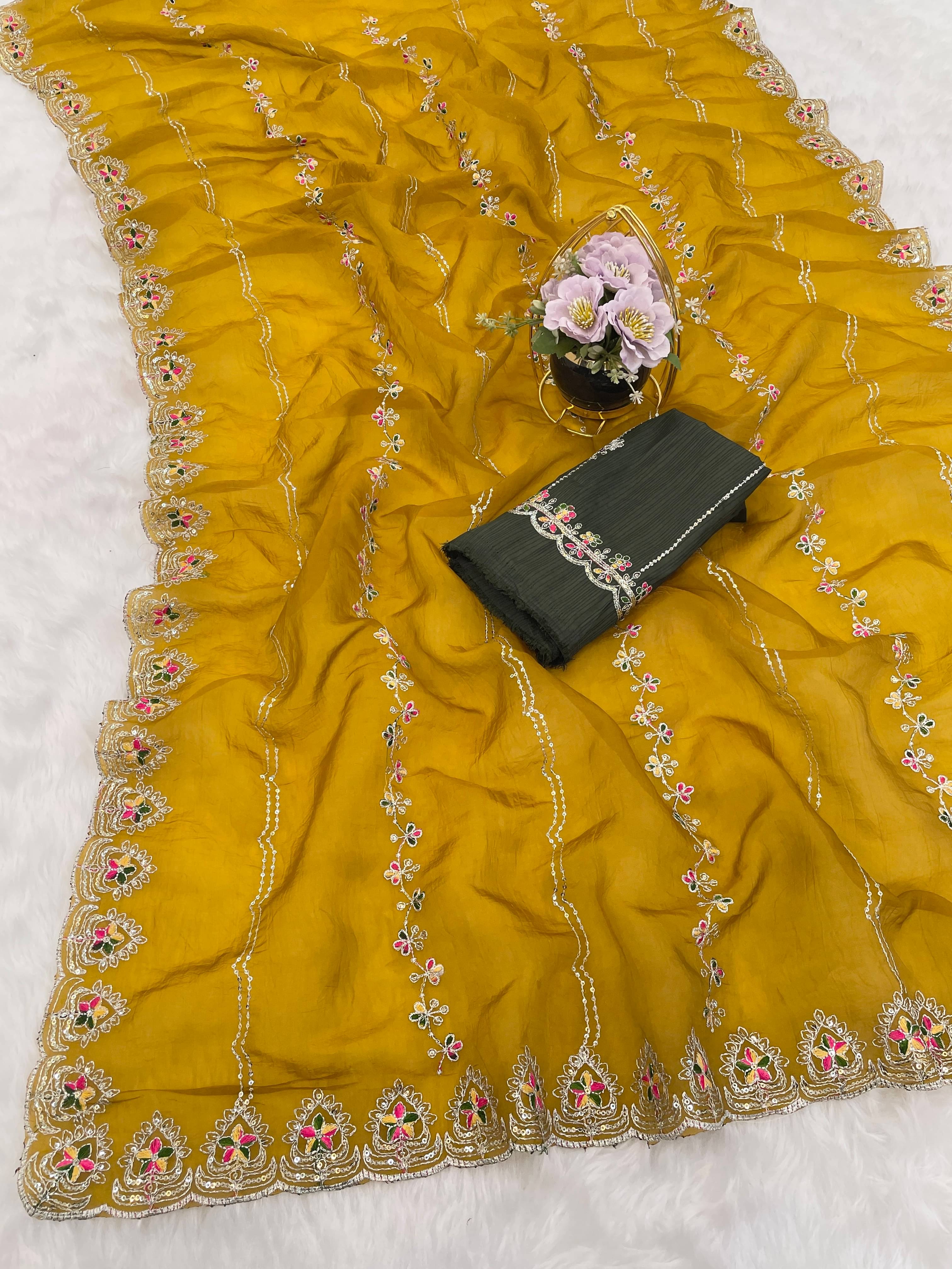 Kandora Jimmy Choo Embroidered Regular Saree With Unstitched Blouse Piece ( Yellow ) Kandora Jimmy Choo Embroidered Regular Saree With Unstitched Blouse Piece ( Yellow )