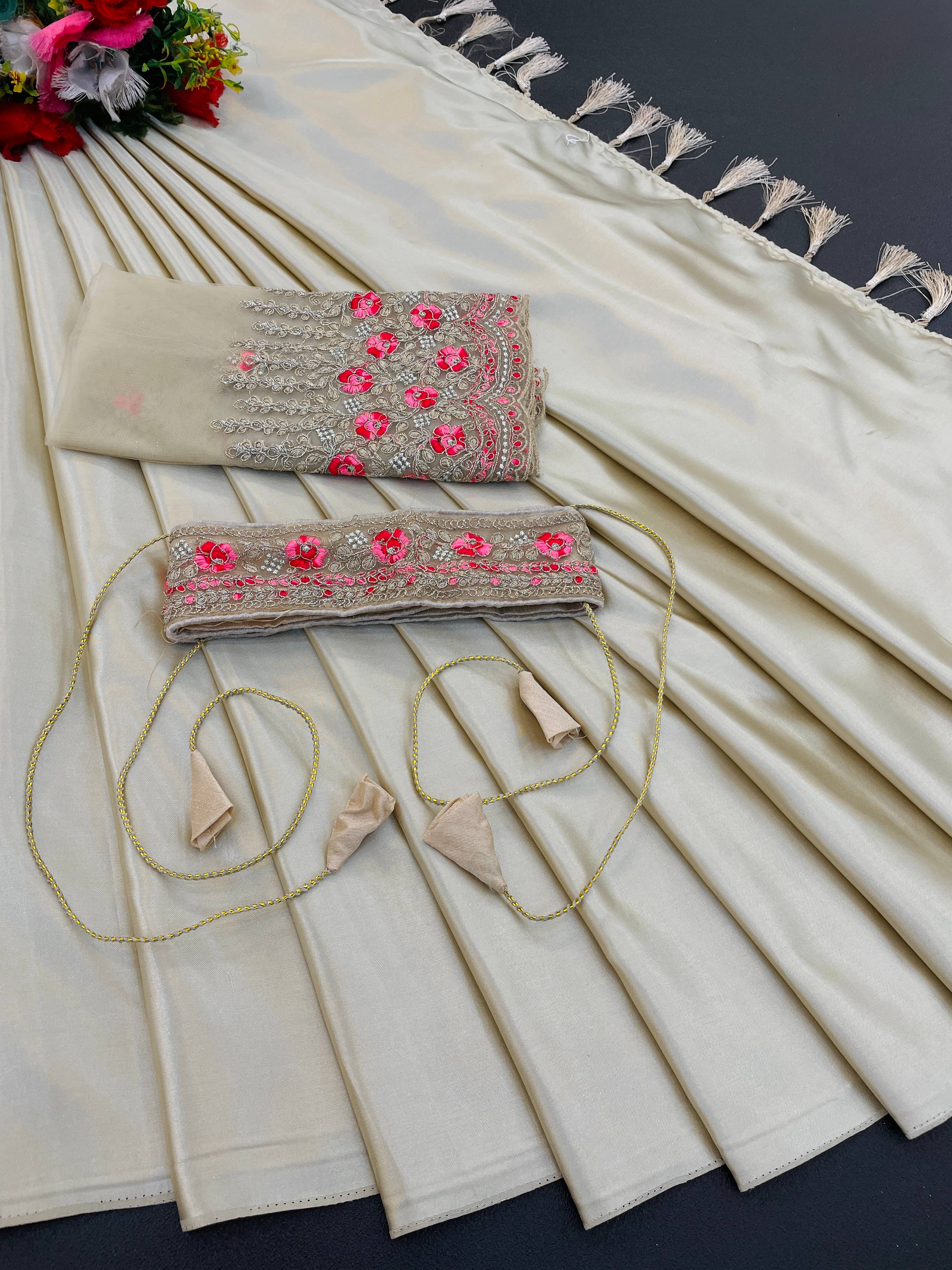 Kandora Satin Embroidered Regular Saree With Unstitched Blouse Piece ( Beige ) Kandora Satin Embroidered Regular Saree With Unstitched Blouse Piece ( Beige )