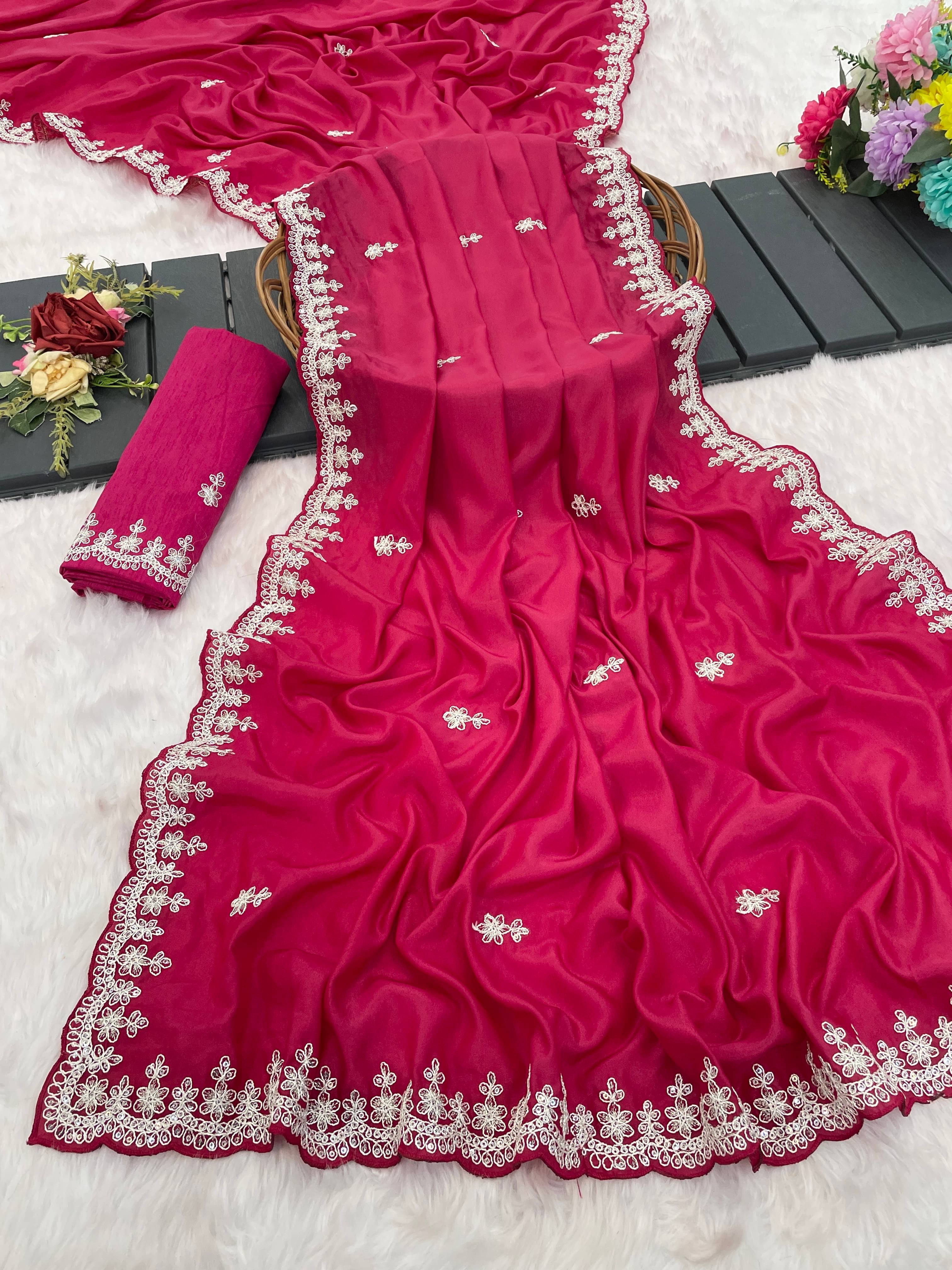     			Kandora Silk Blend Embroidered Regular Saree With Unstitched Blouse Piece ( Pink )