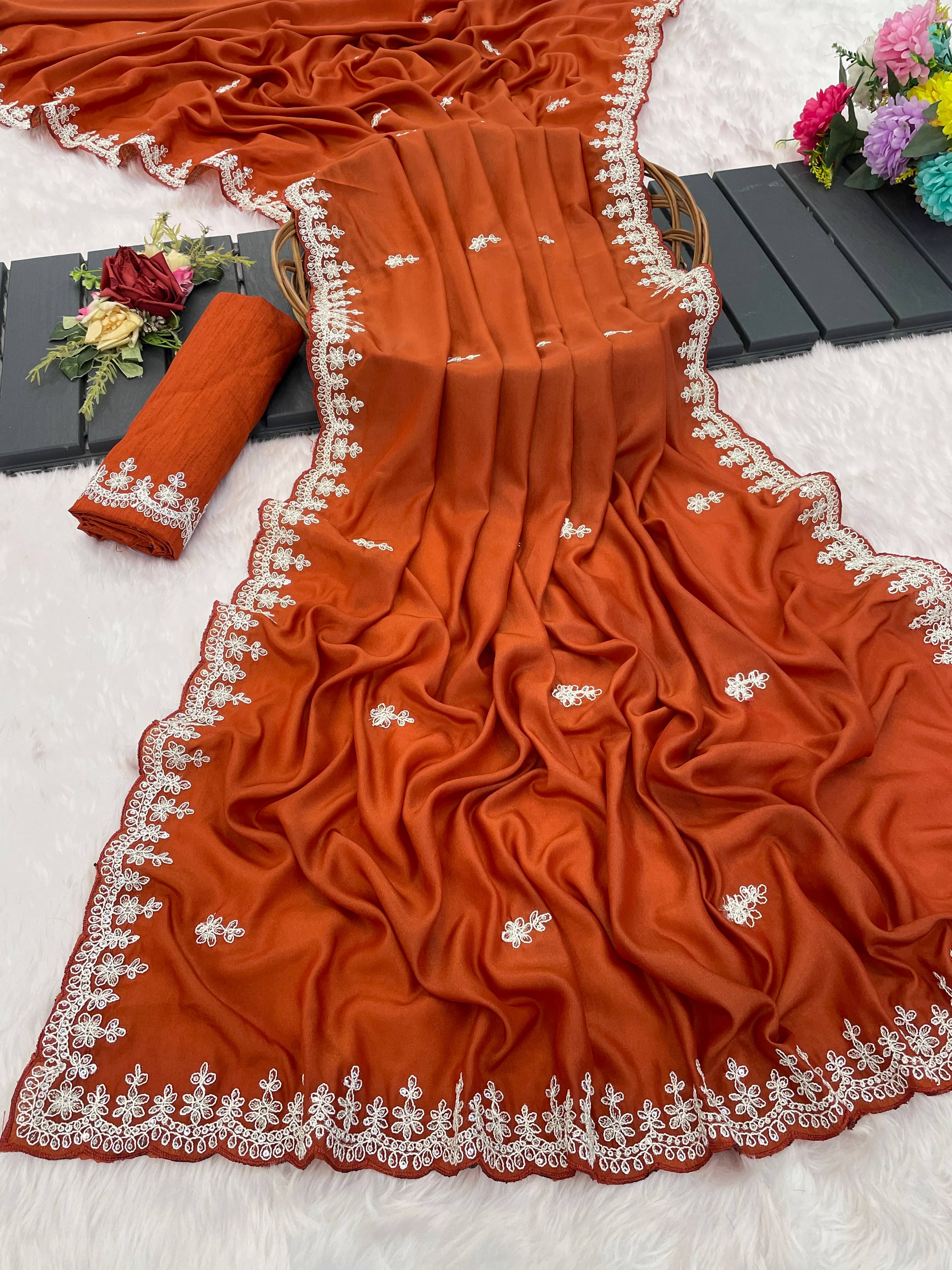     			Kandora Silk Blend Embroidered Regular Saree With Unstitched Blouse Piece ( Orange )