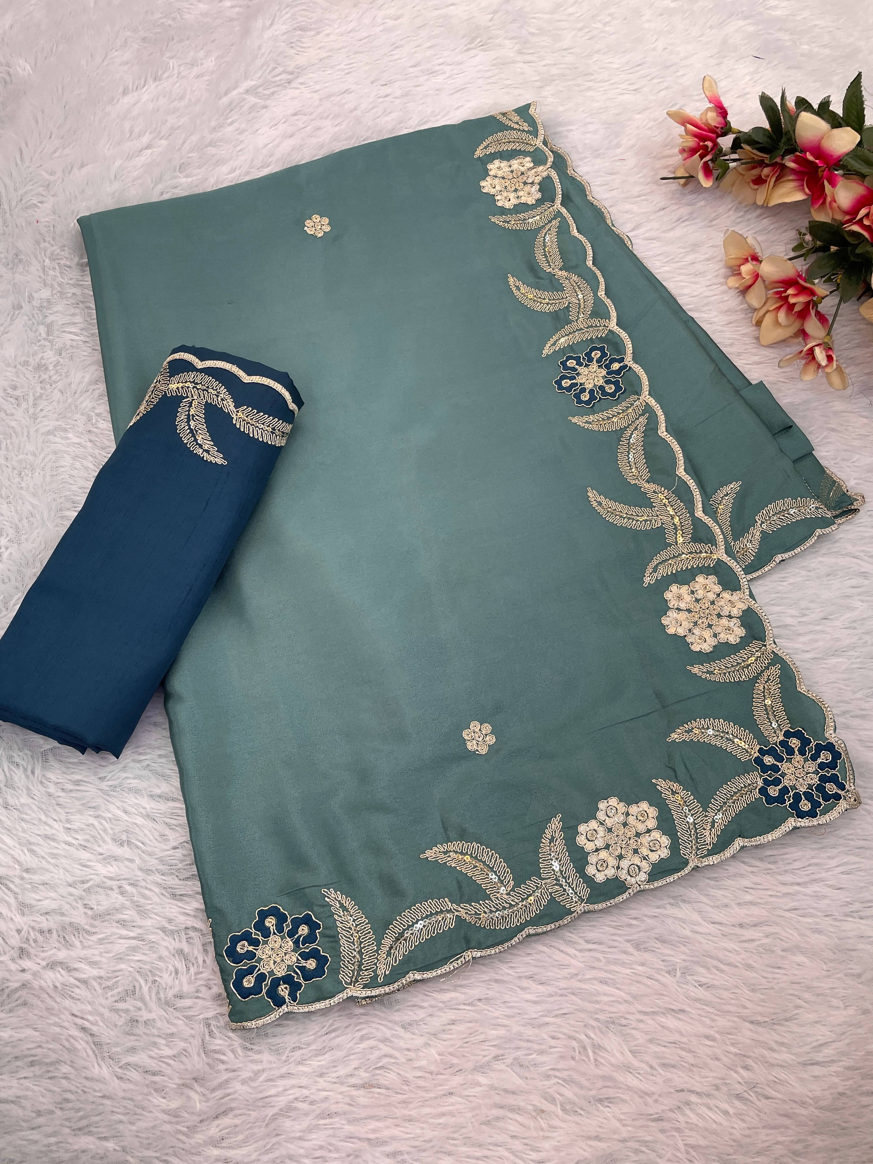 Kandora Silk Blend Embroidered Regular Saree With Unstitched Blouse Piece ( Blue ) Kandora Silk Blend Embroidered Regular Saree With Unstitched Blouse Piece ( Blue )
