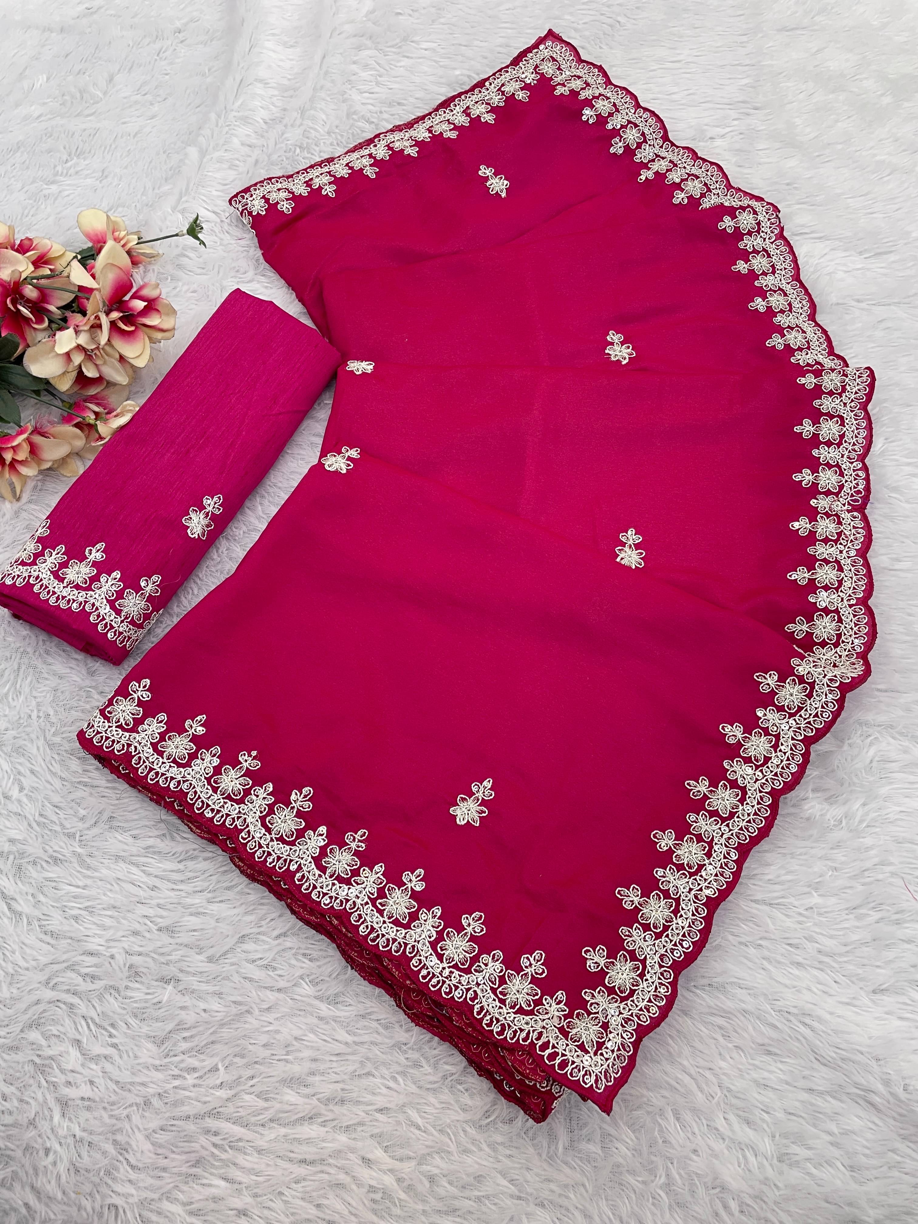     			Kandora Silk Blend Embroidered Regular Saree With Unstitched Blouse Piece ( Pink )
