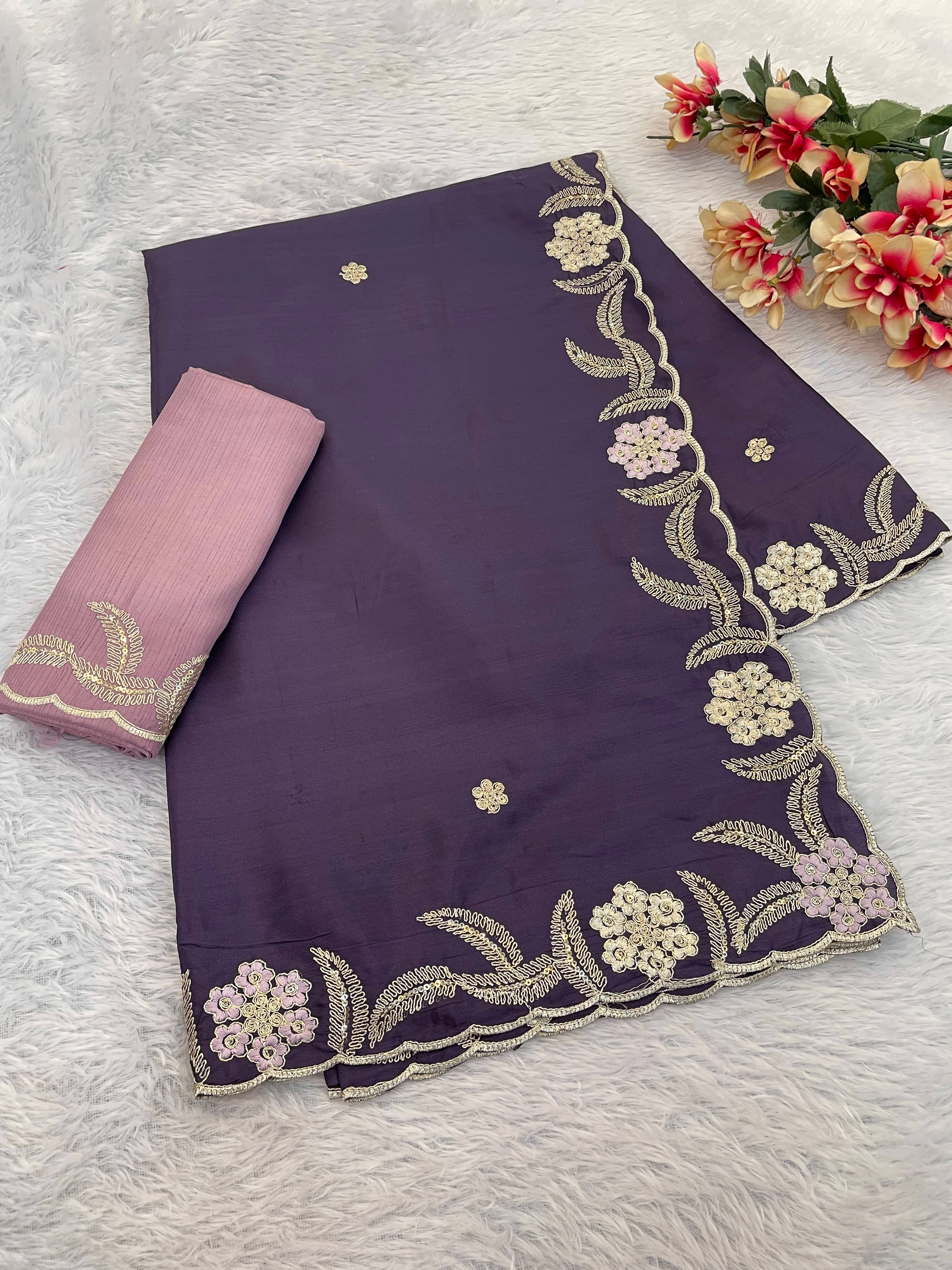     			Kandora Silk Blend Embroidered Regular Saree With Unstitched Blouse Piece ( Purple )
