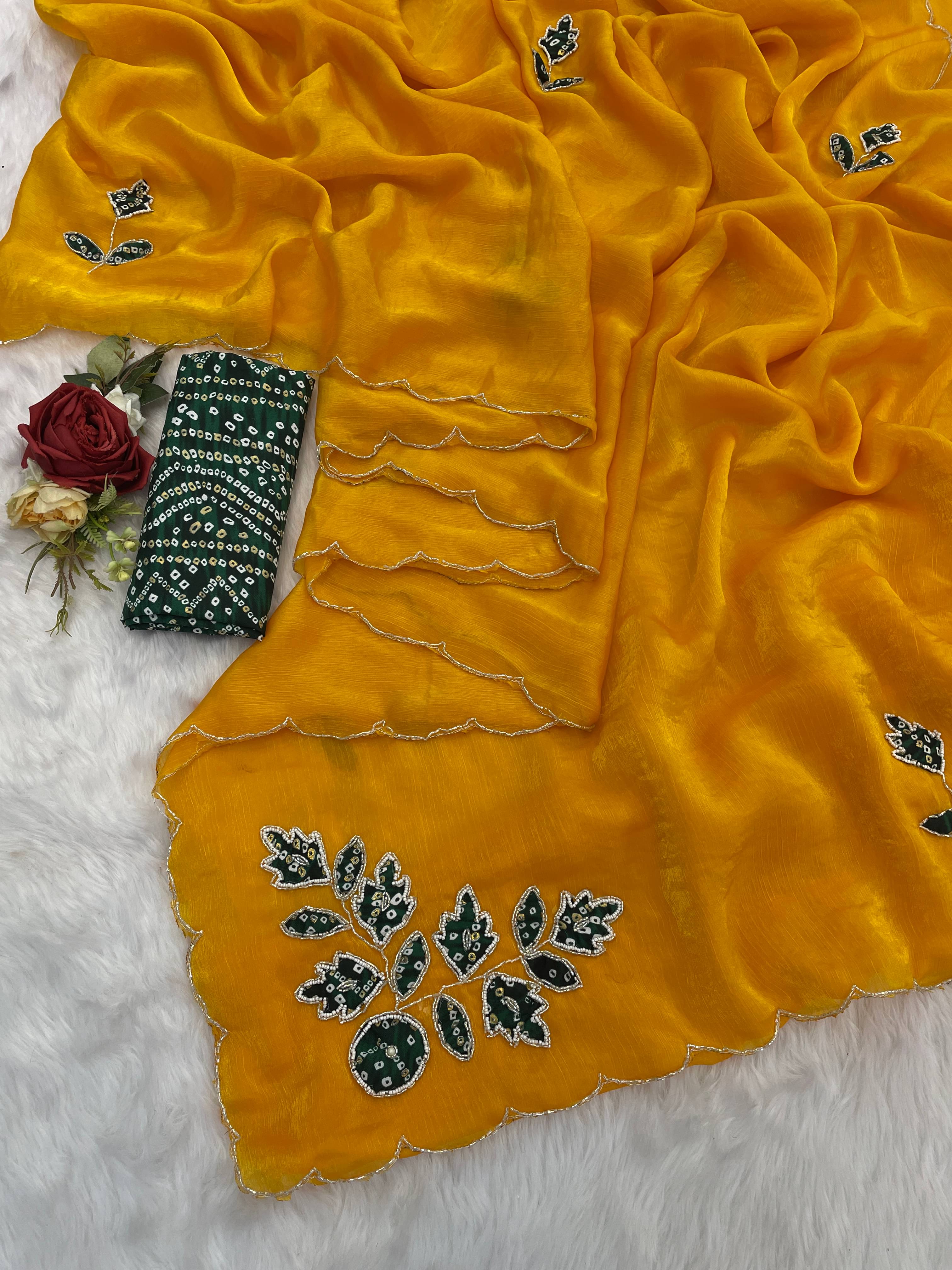     			Kandora chiffon Embroidered Regular Saree With Unstitched Blouse Piece ( Yellow )