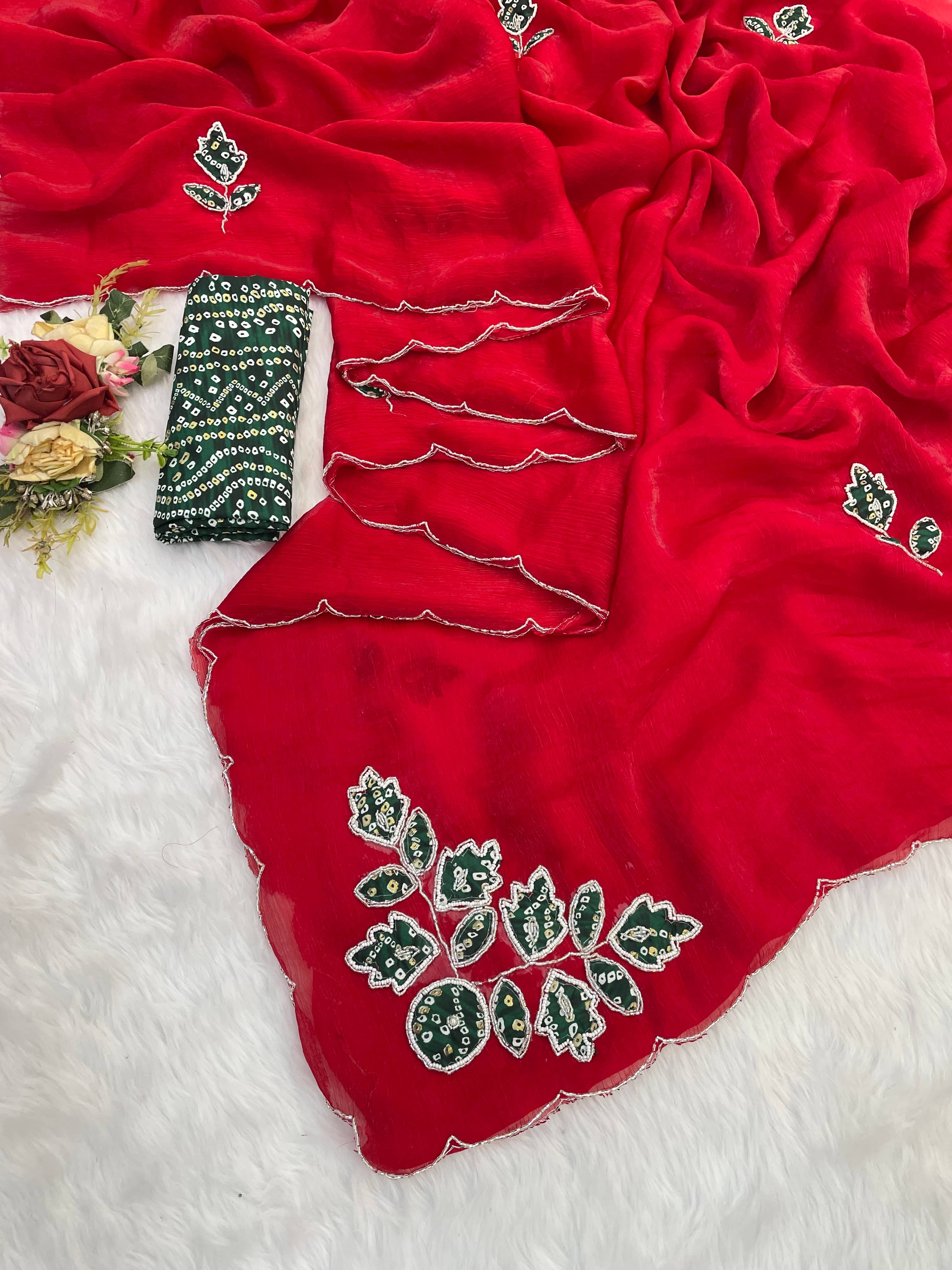 Kandora chiffon Embroidered Regular Saree With Unstitched Blouse Piece ( Red )     			Kandora chiffon Embroidered Regular Saree With Unstitched Blouse Piece ( Red )