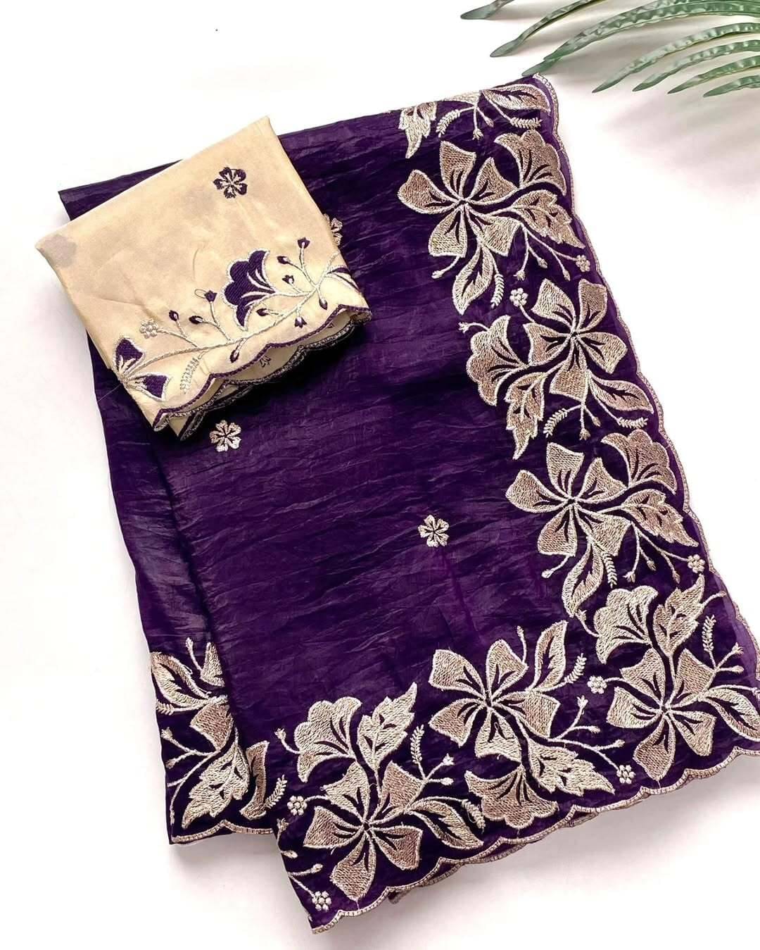 Kandora chiffon Embroidered Regular Saree With Unstitched Blouse Piece ( Purple ) Kandora chiffon Embroidered Regular Saree With Unstitched Blouse Piece ( Purple )