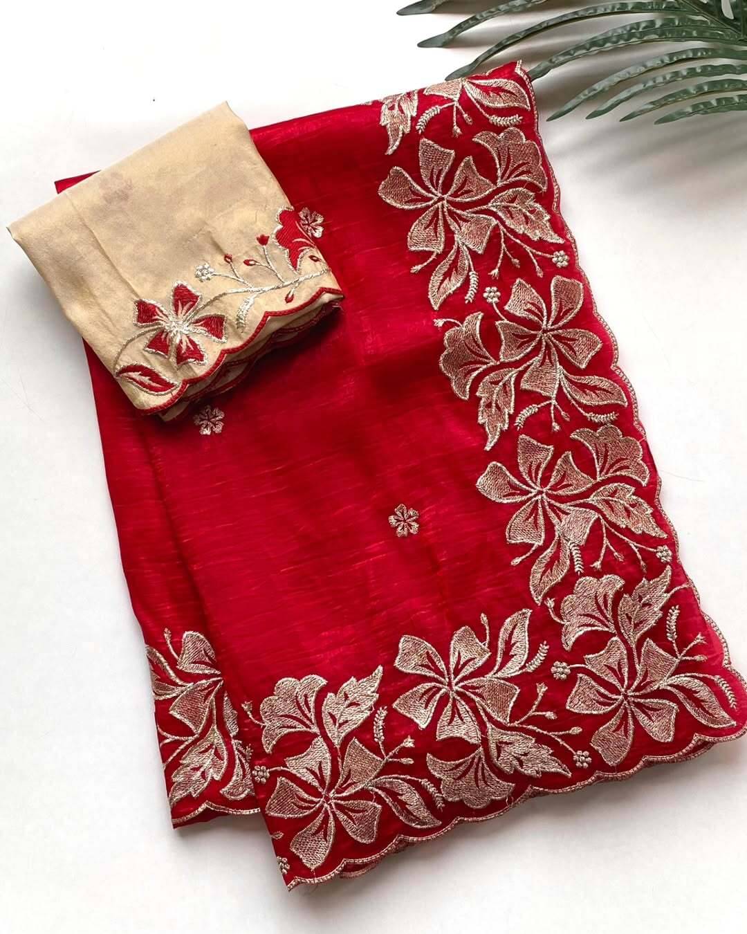 Kandora chiffon Embroidered Regular Saree With Unstitched Blouse Piece ( Red ) Kandora chiffon Embroidered Regular Saree With Unstitched Blouse Piece ( Red )