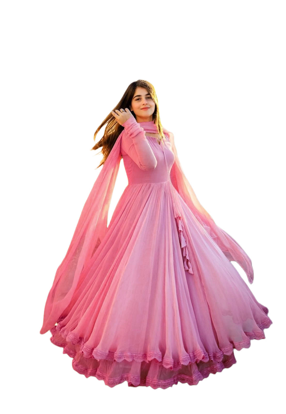     			Maa Enterprise Women Georgette Flared Stitched Ethnic Gown ( Pink )