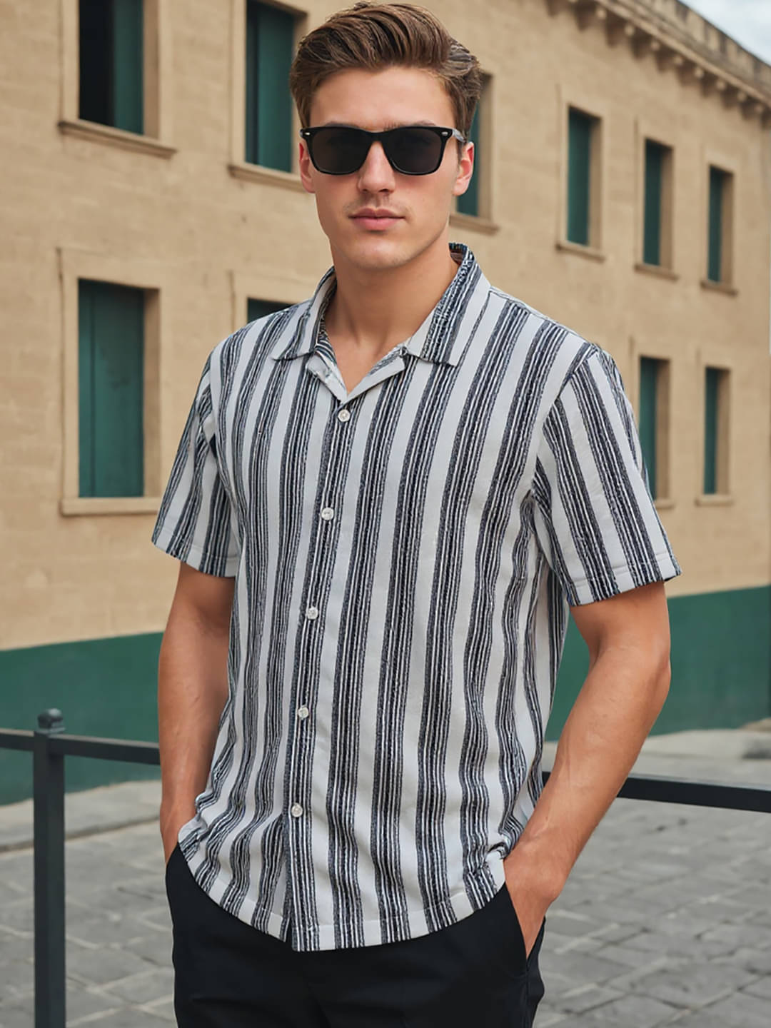     			OGEN 100% Cotton Regular Fit Striped Half Sleeves Men's Casual Shirt - Black ( Pack of 1 )