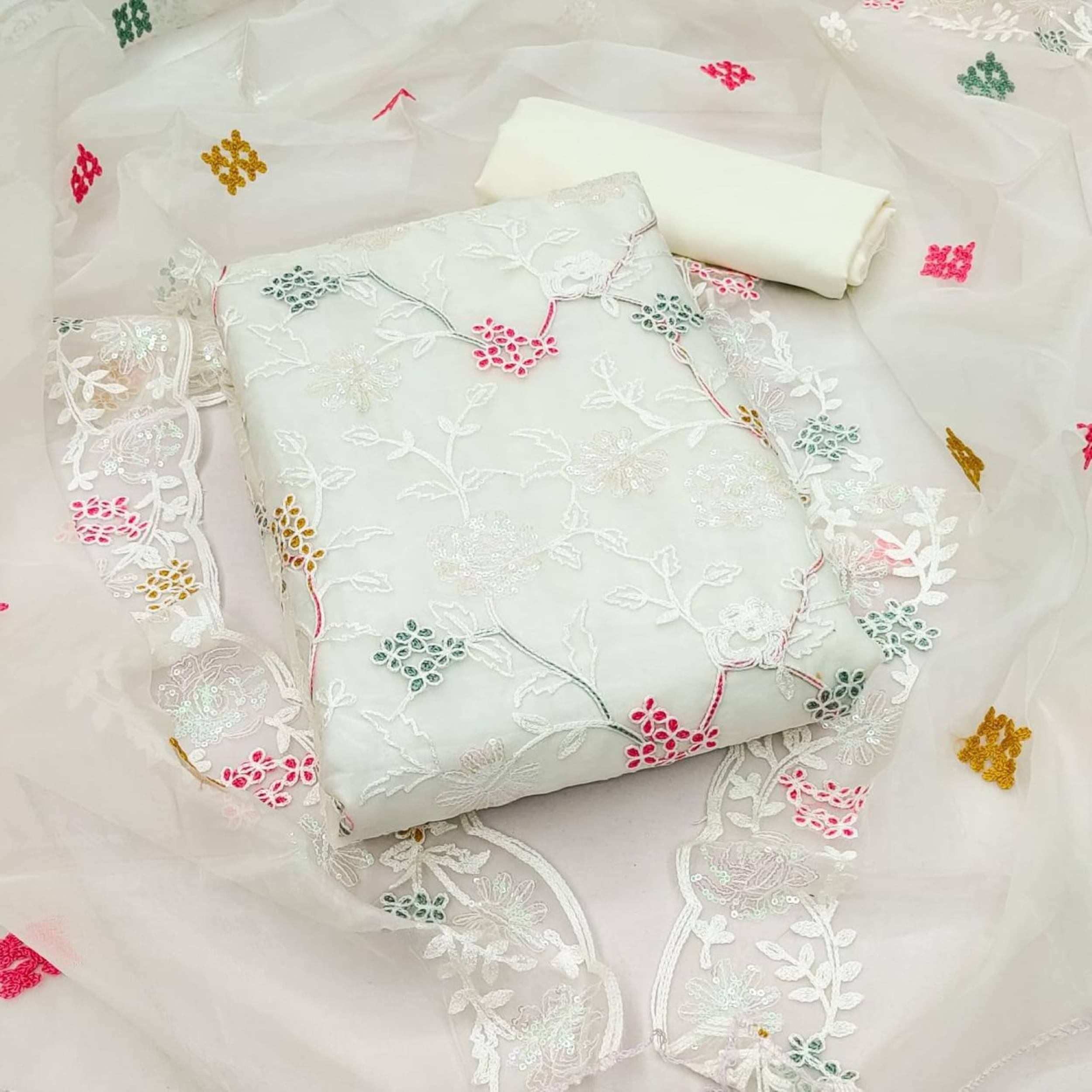 Panbai sarees Women Organza Unstitched Dress Material ( Off White ) Panbai sarees Women Organza Unstitched Dress Material ( Off White )