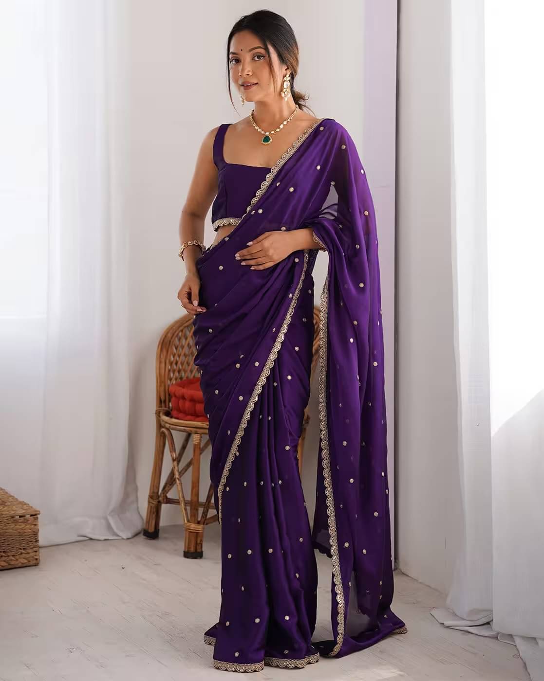 Prazvika Georgette Embroidered Chanderi saree With Unstitched Blouse Piece ( Purple ) Prazvika Georgette Embroidered Chanderi saree With Unstitched Blouse Piece ( Purple )
