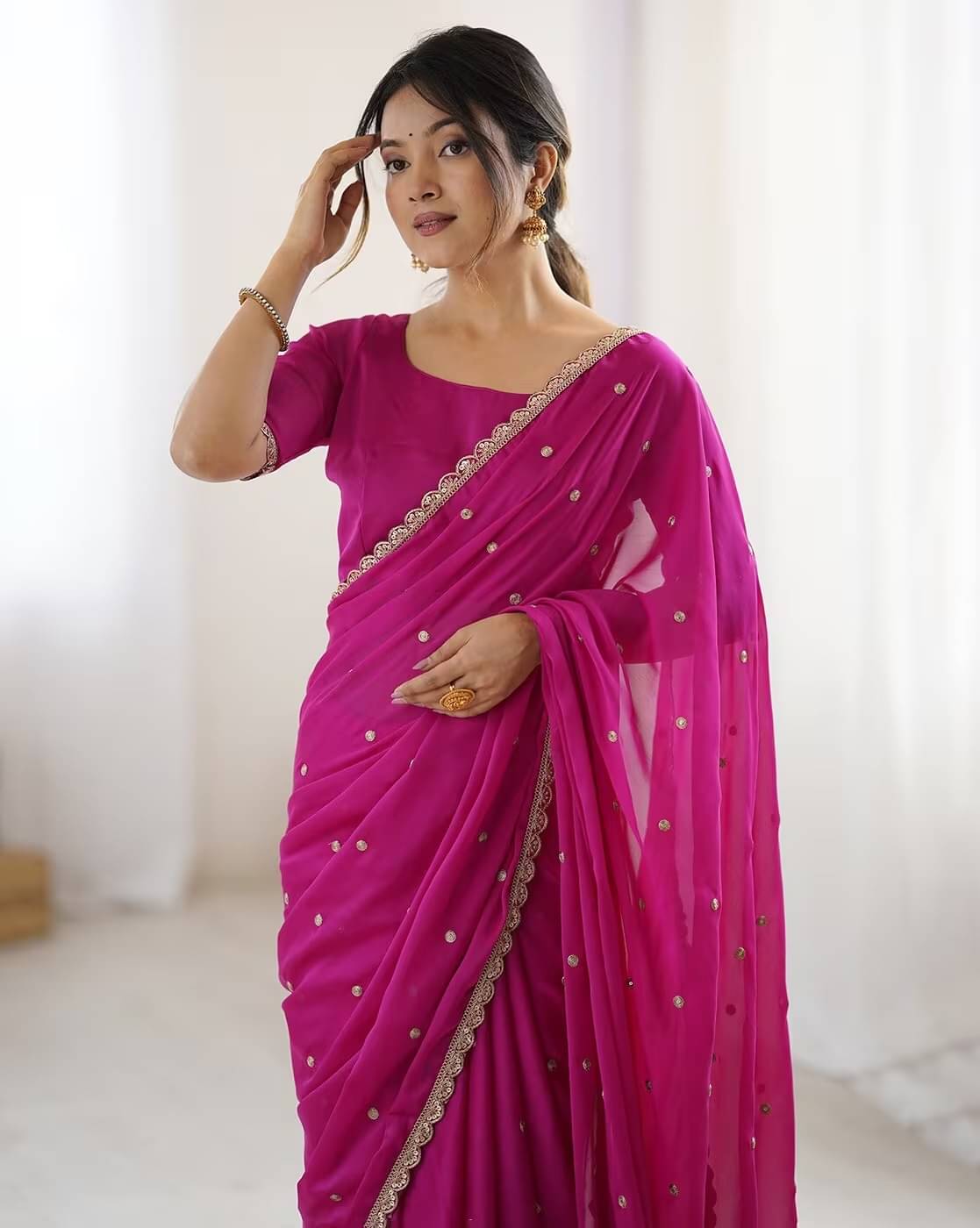    			Prazvika Georgette Embroidered Chanderi saree With Unstitched Blouse Piece ( Pink )