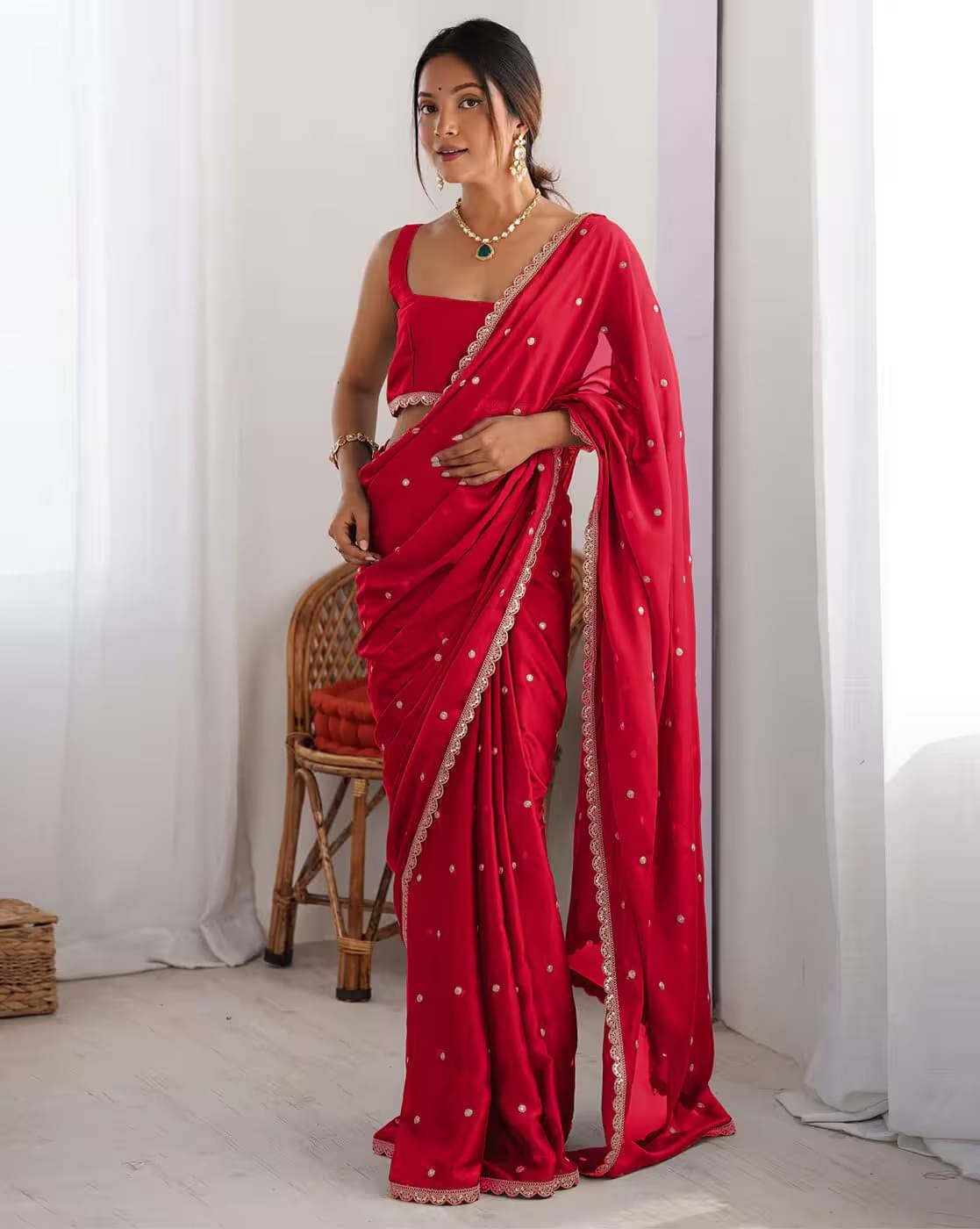     			Prazvika Georgette Embroidered Chanderi saree With Unstitched Blouse Piece ( Red )