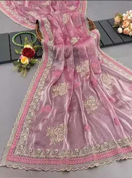     			Prazvika Jimmy Choo Embroidered Chanderi saree With Unstitched Blouse Piece ( Pink )