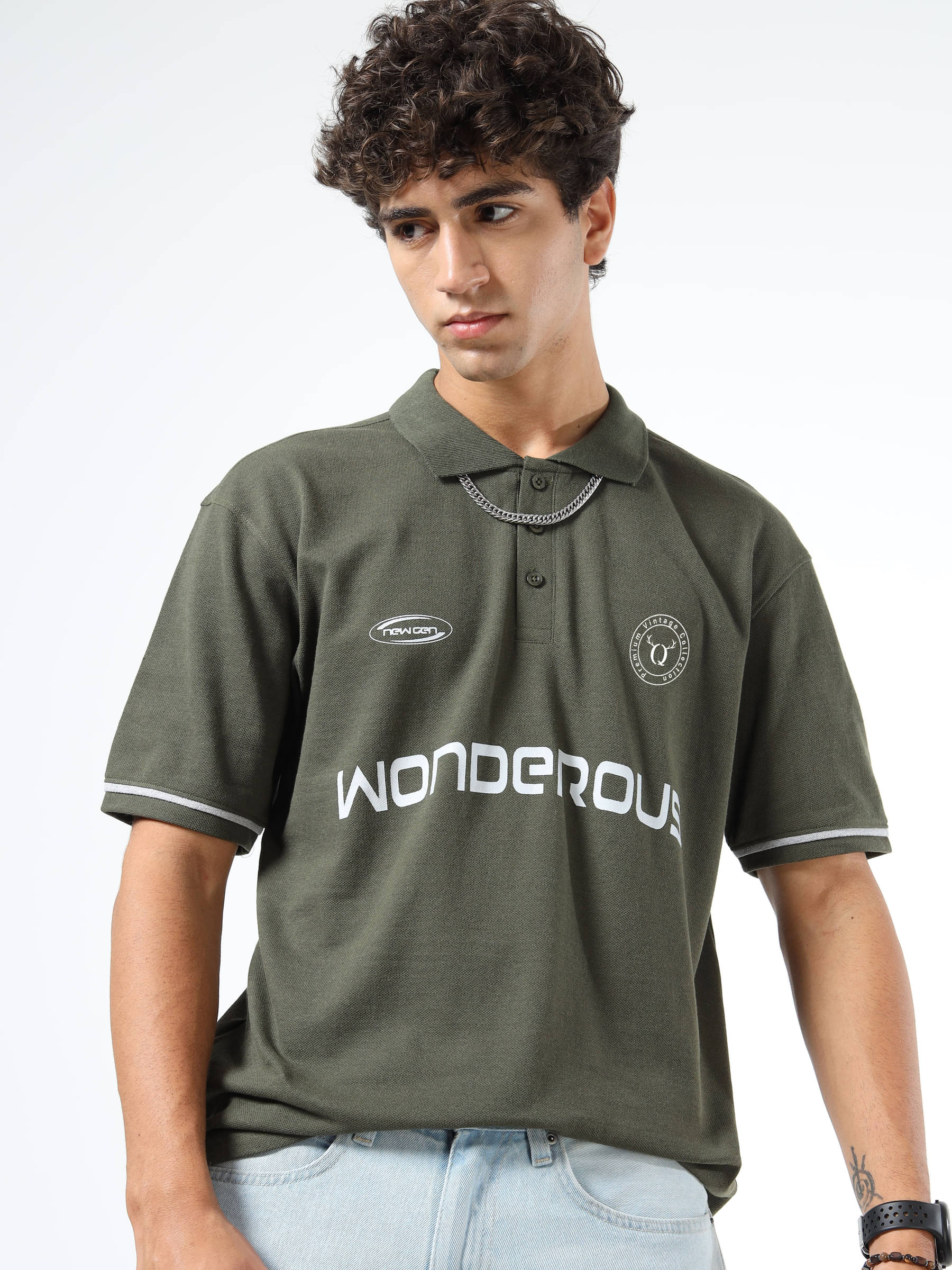     			QCUT Men Cotton Blend Relaxed Fit Printed Polo T Shirt ( Olive )