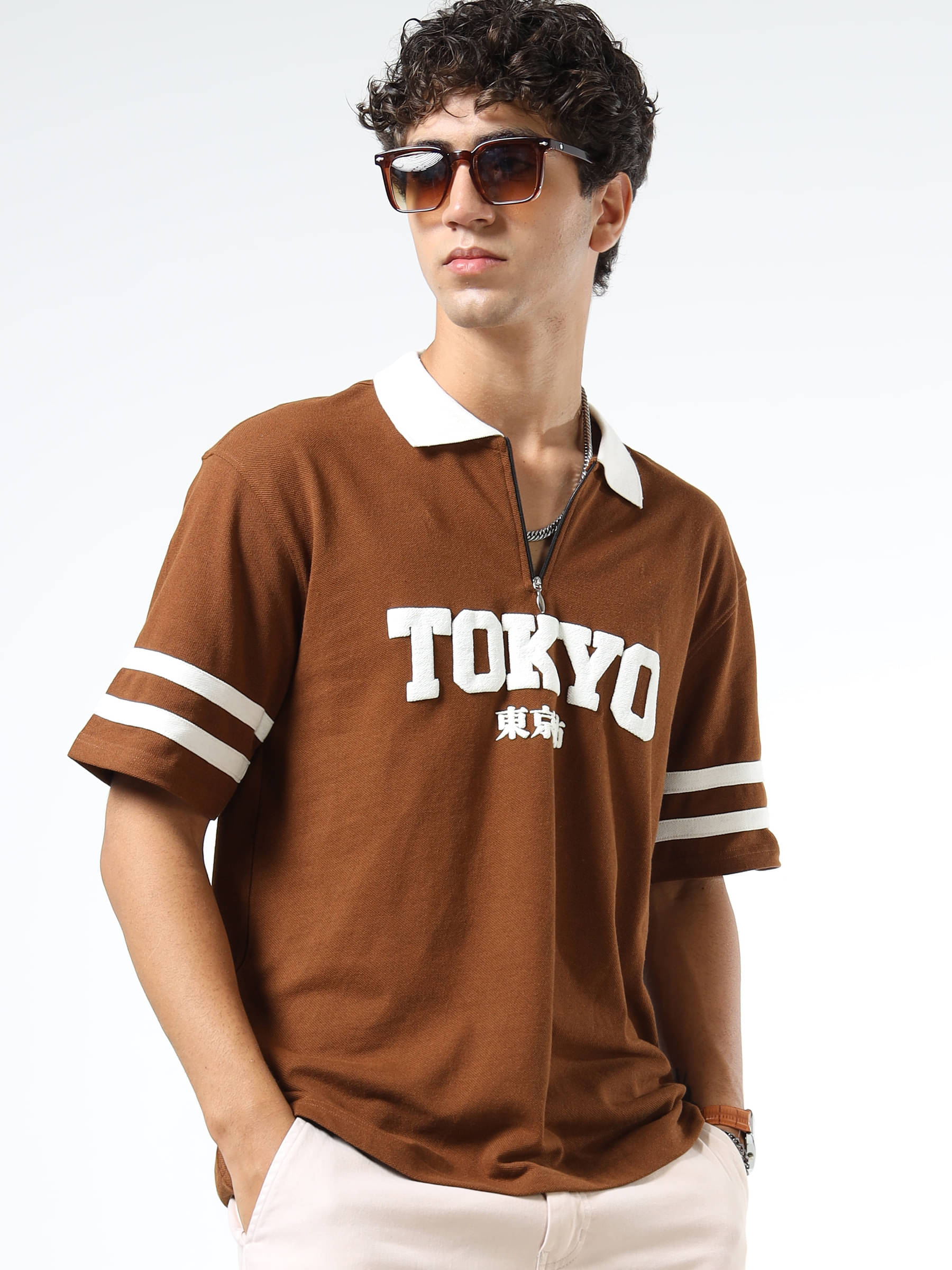    			QCUT Men Cotton Blend Relaxed Fit Printed Polo T Shirt ( Brown )