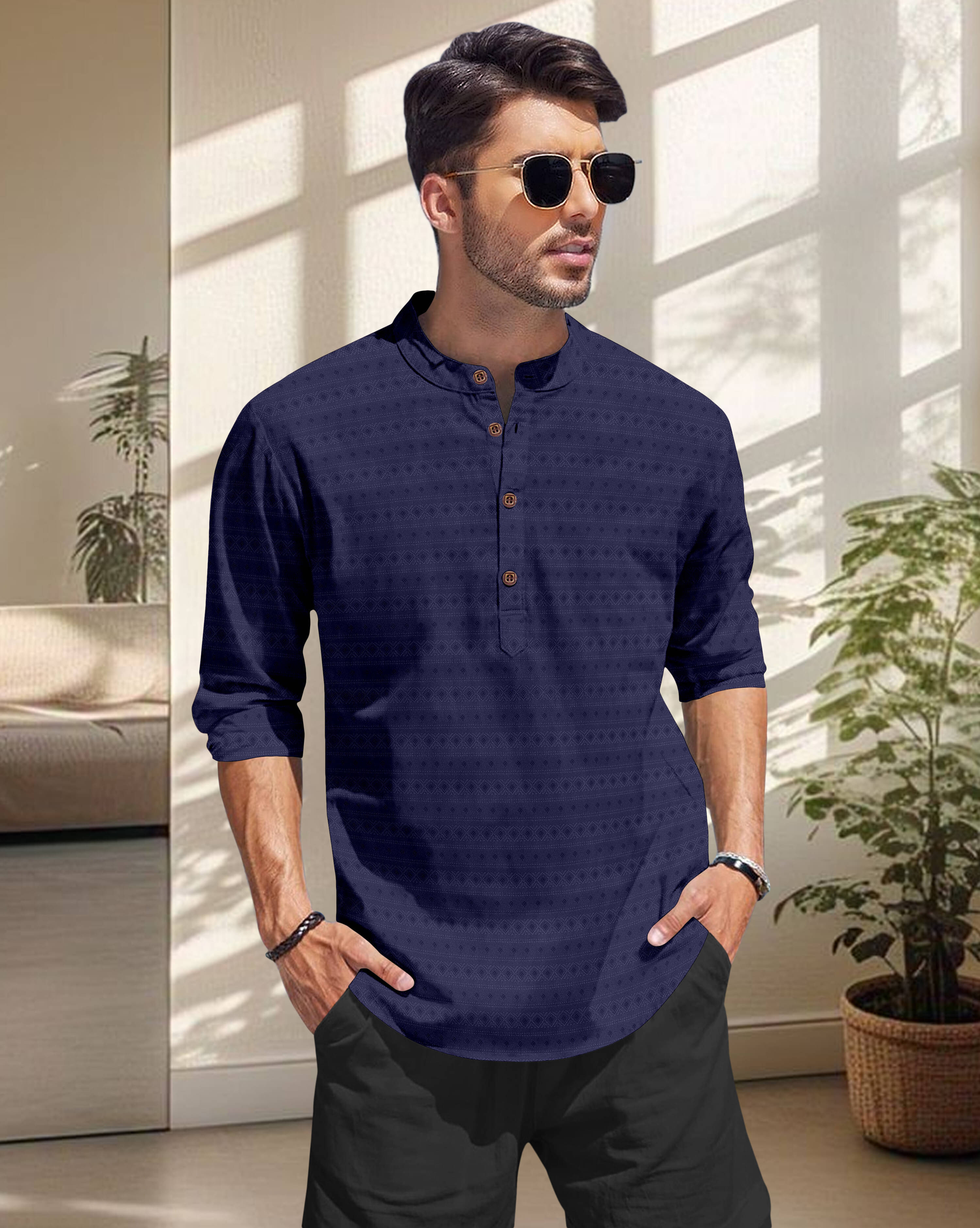     			SOPANI Navy Blue Cotton Blend Men's Regular Kurta ( Pack of 1 )