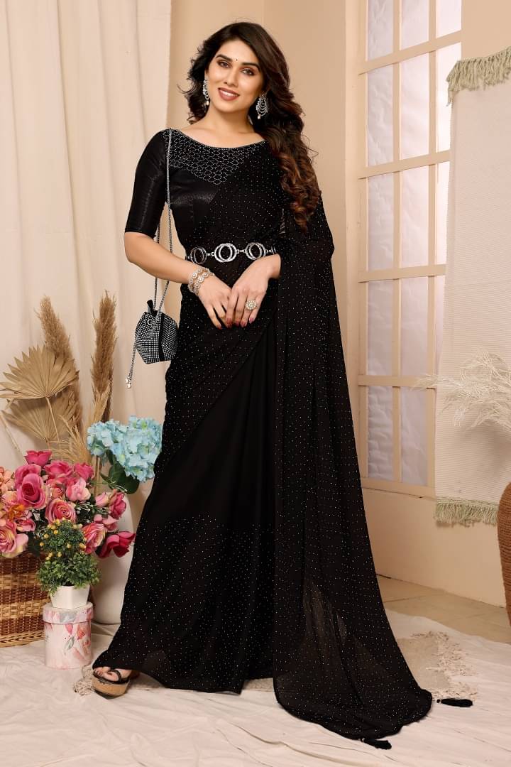 Shree Sai Enterprise Chiffon Solid Regular Saree With Stitched Blouse ( Black ) Shree Sai Enterprise Chiffon Solid Regular Saree With Stitched Blouse ( Black )