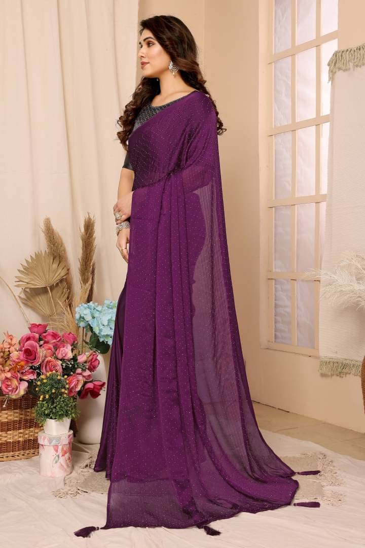     			Shree Sai Enterprise Chiffon Solid Regular Saree With Stitched Blouse ( Purple )