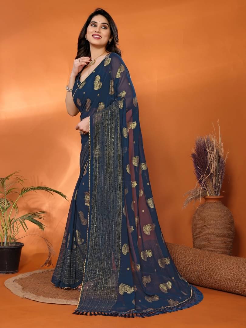 Shree Sai Enterprise Georgette Embroidered Regular Saree With Stitched Blouse ( Rani ) Shree Sai Enterprise Georgette Embroidered Regular Saree With Stitched Blouse ( Rani )