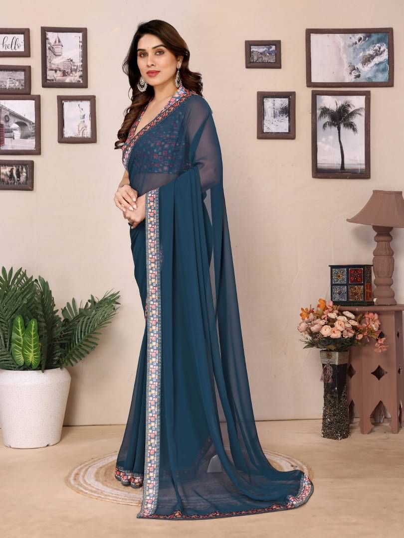     			Shree Sai Enterprise Georgette Printed Regular Saree With Stitched Blouse ( Rama )