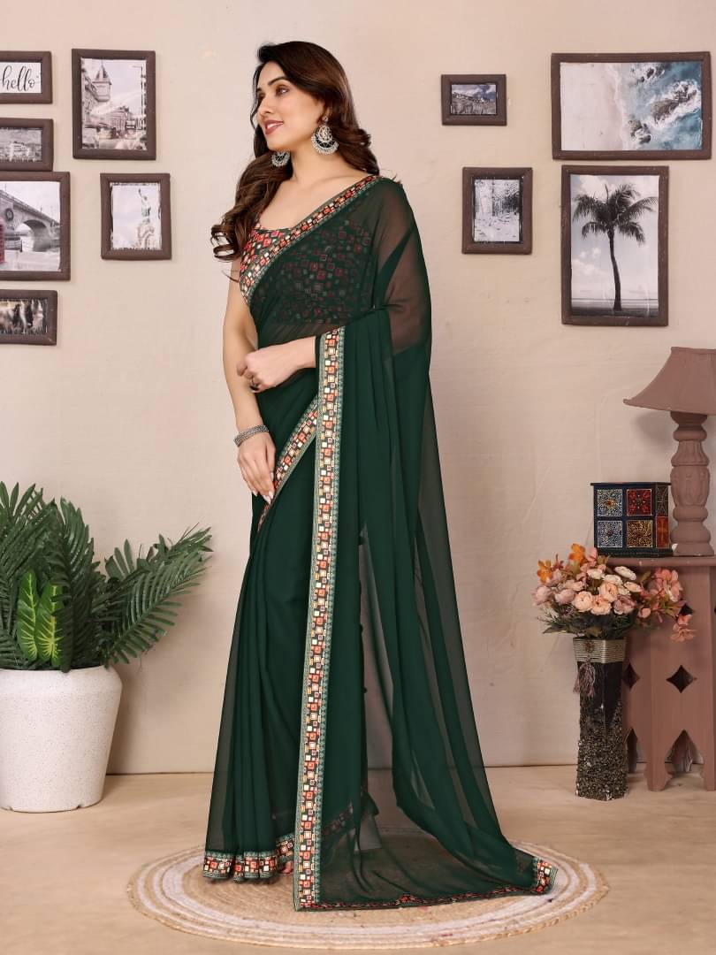     			Shree Sai Enterprise Georgette Printed Regular Saree With Stitched Blouse ( Green )