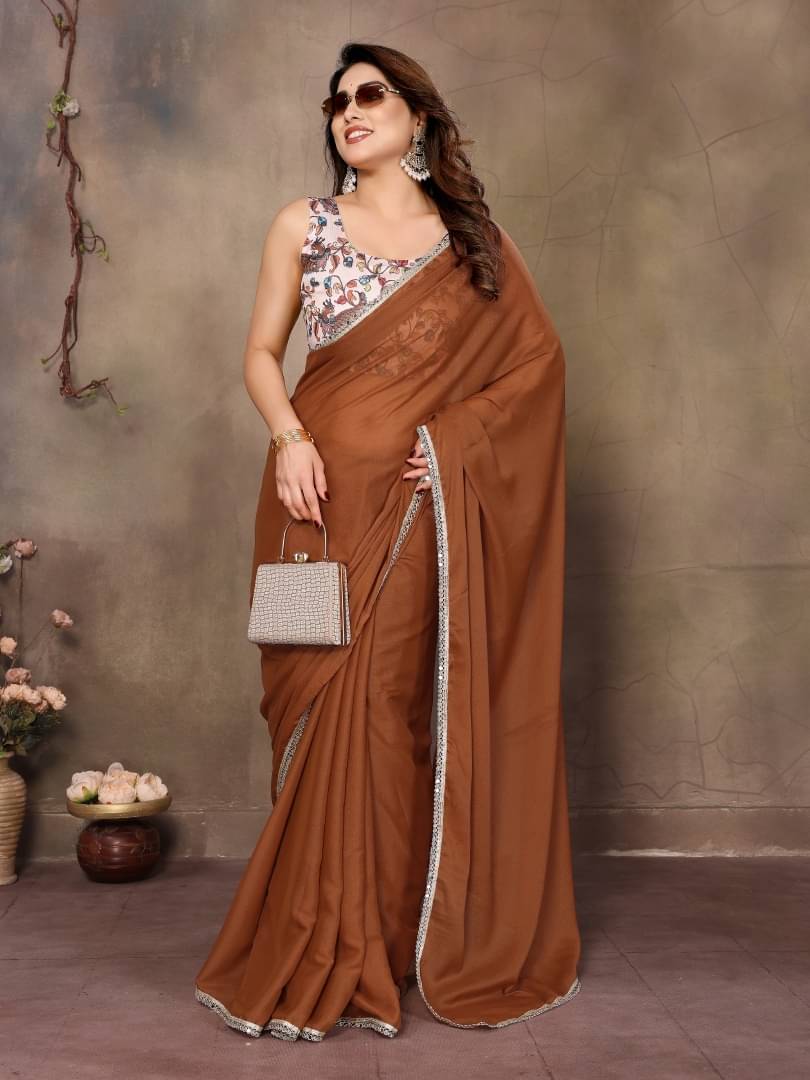     			Shree Sai Enterprise Georgette Printed Regular Saree With Stitched Blouse ( Brown )