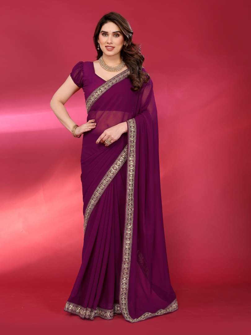     			Shree Sai Enterprise Georgette Solid Regular Saree With Stitched Blouse ( Wine )