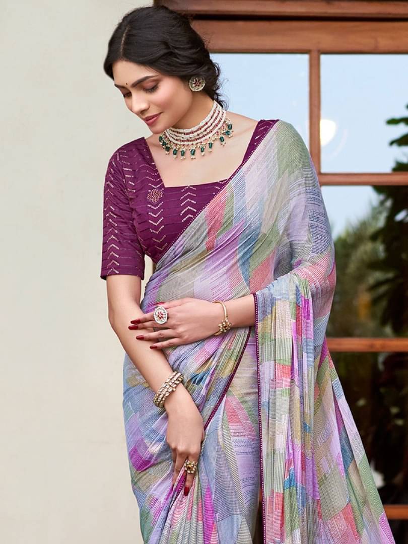     			Shree Sai Enterprise Satin Embroidered Regular Saree With Stitched Blouse ( Purple )