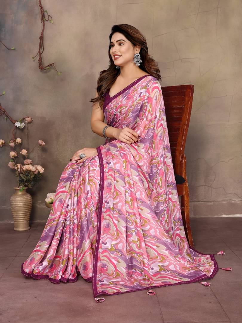     			Shree Sai Enterprise Satin Embroidered Regular Saree With Stitched Blouse ( Pink )