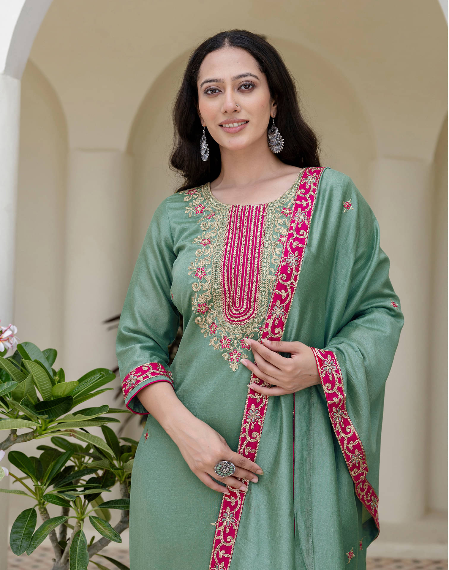     			Skylee Women Silk Blend Embroidered Straight Kurti With Pants ( Green )