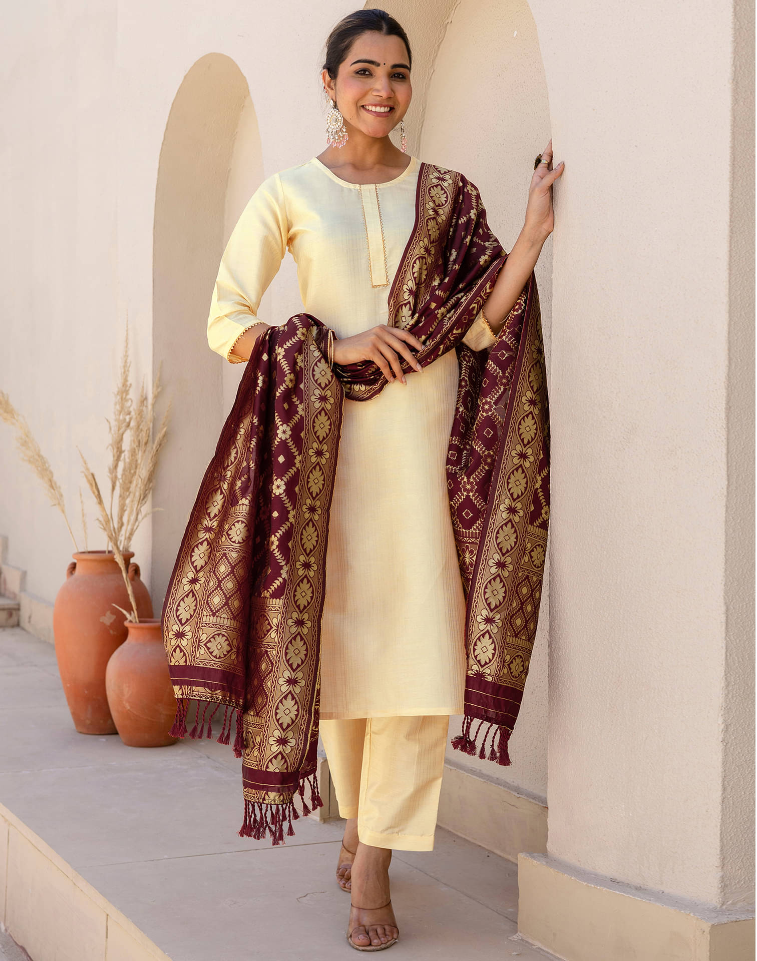     			Skylee Women Silk Blend Embellished Straight Kurti With Pants ( Beige )