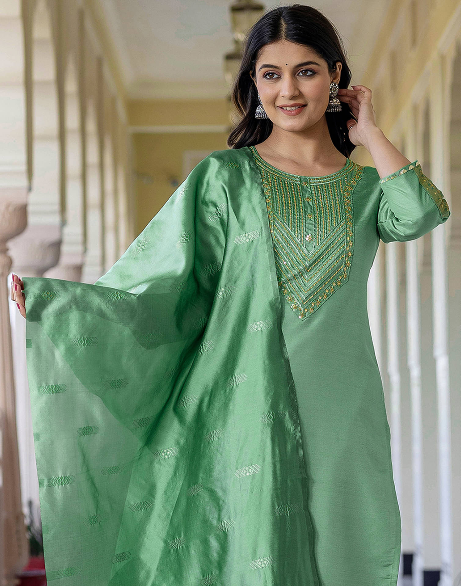 Skylee Women Silk Blend Embellished Straight Kurti With Pants ( Green )     			Skylee Women Silk Blend Embellished Straight Kurti With Pants ( Green )