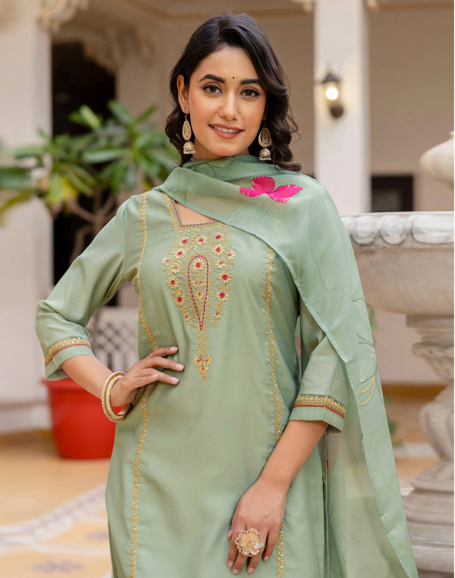     			Skylee Women Silk Blend Embroidered Straight Kurti With Pants ( Light Green )