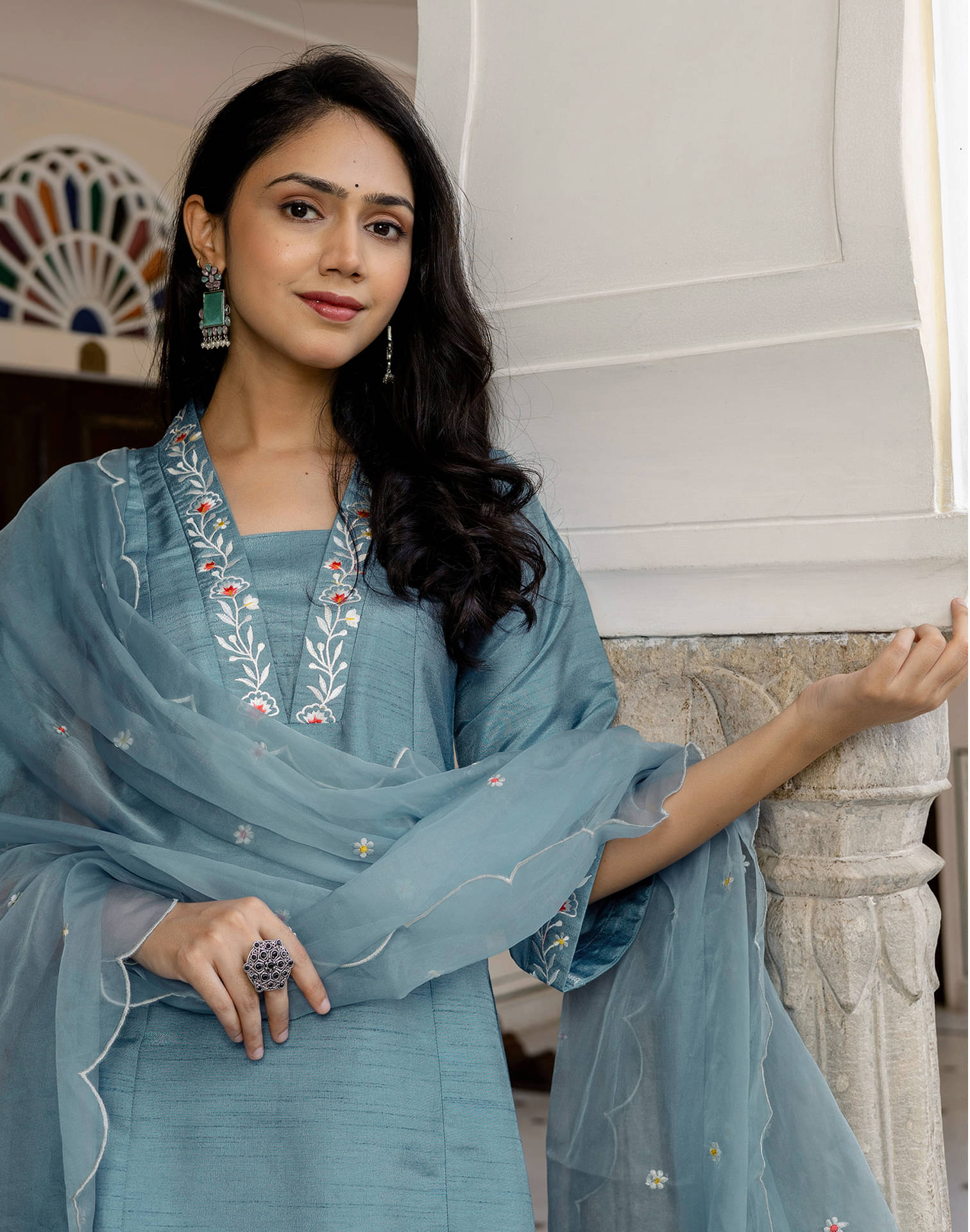     			Skylee Women Silk Blend Embroidered A-line Kurti With Pants ( Blue )