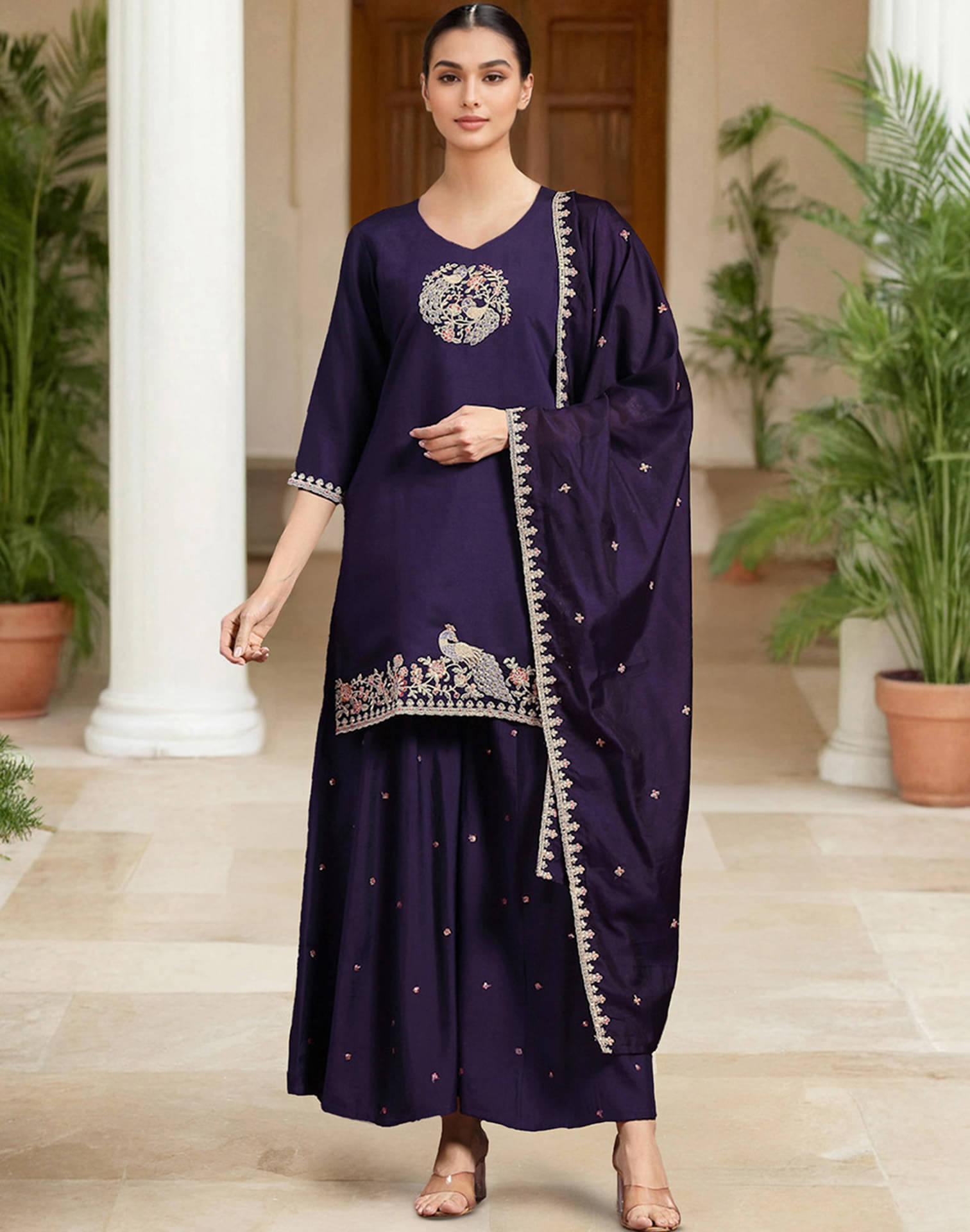 Skylee Women Silk Blend Embroidered Straight Kurti With Sharara And Gharara ( Purple ) Skylee Women Silk Blend Embroidered Straight Kurti With Sharara And Gharara ( Purple )