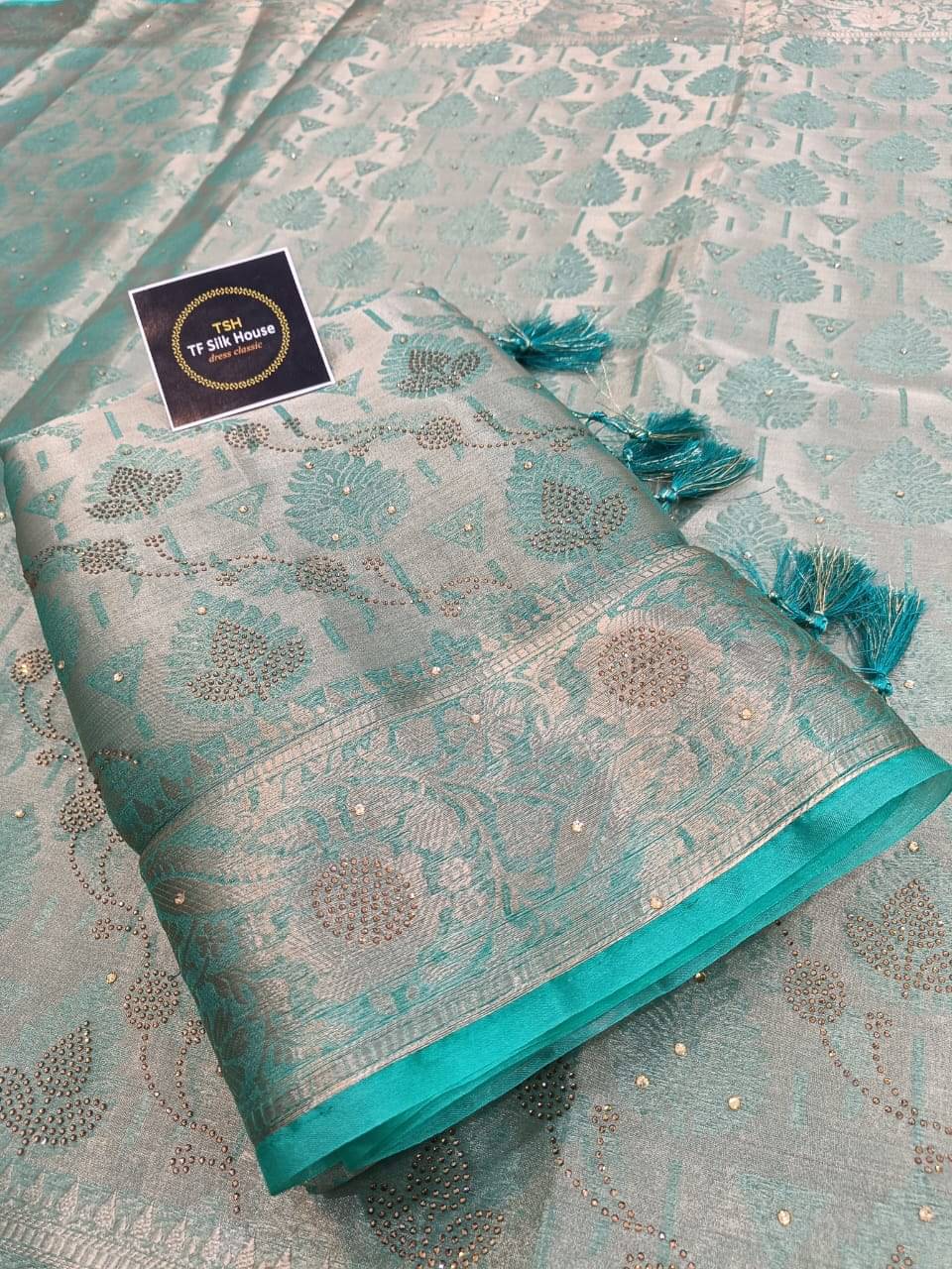     			TF SILK HOUSE Organza Dyed Banarasi saree With Unstitched Blouse Piece ( Light Green )