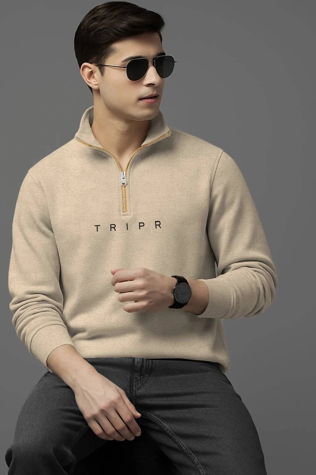 Tripr Cotton Blend High Neck Men's Sweatshirt - Beige ( Pack of 1 ) Tripr Cotton Blend High Neck Men's Sweatshirt - Beige ( Pack of 1 )