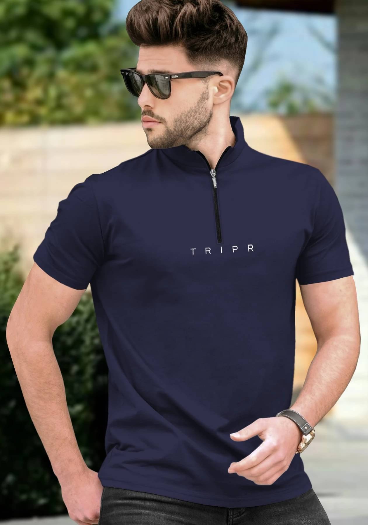    			Tripr Men Cotton Blend Regular Fit Solid T-Shirt ( Navy Blue )
