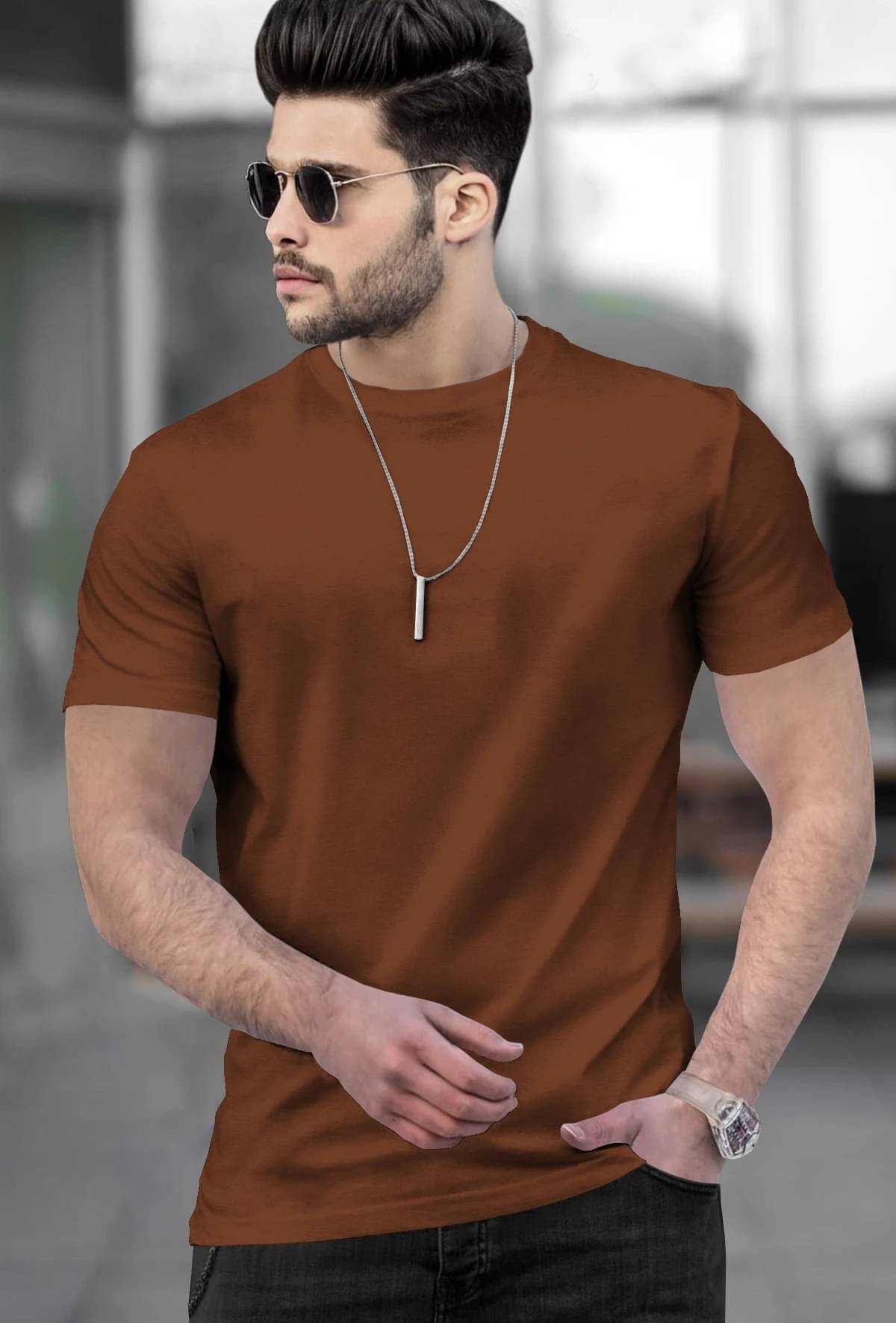     			Tripr Men Cotton Blend Regular Fit Solid T-Shirt ( Brown )