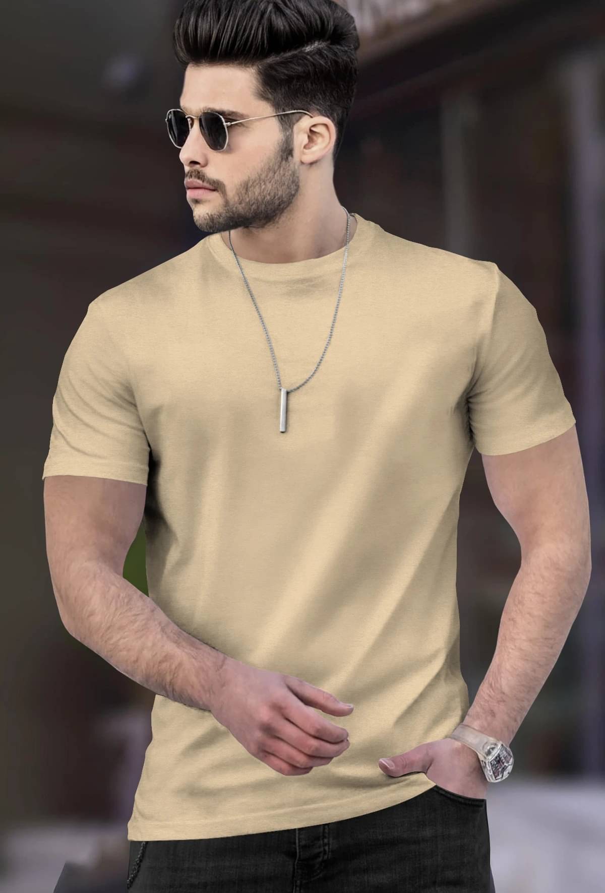 Tripr Men Cotton Blend Regular Fit Solid T-Shirt ( Beige ) Tripr Men Cotton Blend Regular Fit Solid T-Shirt ( Beige )