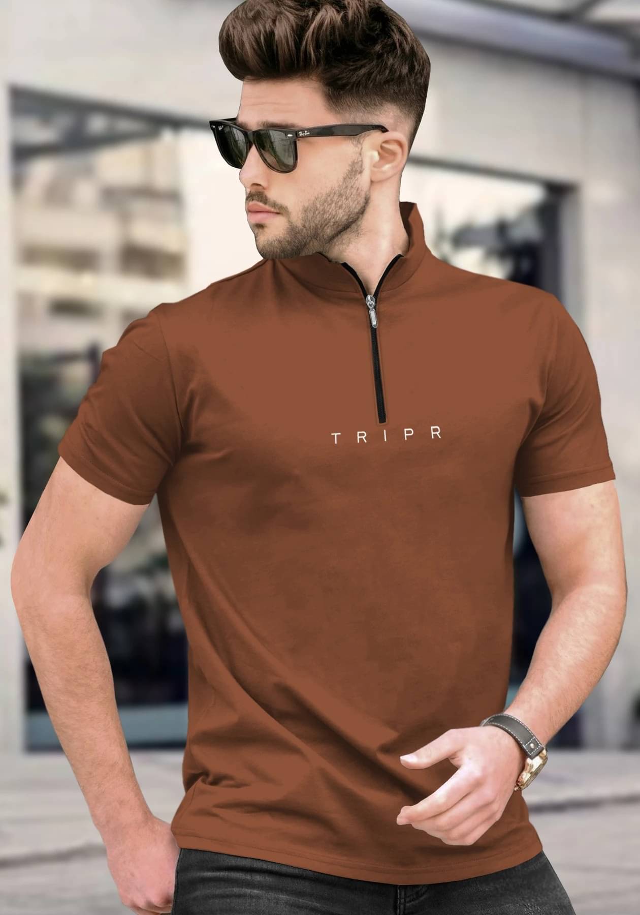     			Tripr Men Cotton Blend Regular Fit Solid T-Shirt ( Brown )