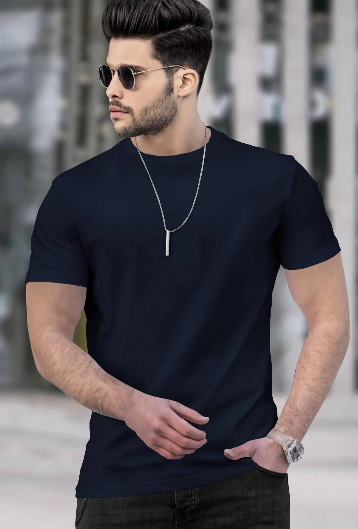     			Tripr Men Cotton Blend Regular Fit Solid T-Shirt ( Navy Blue )
