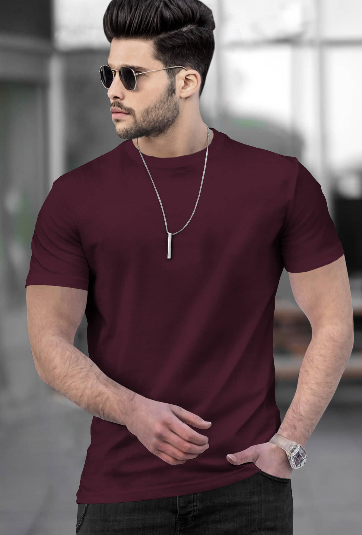 Tripr Men Cotton Blend Regular Fit Solid T-Shirt ( Maroon )     			Tripr Men Cotton Blend Regular Fit Solid T-Shirt ( Maroon )