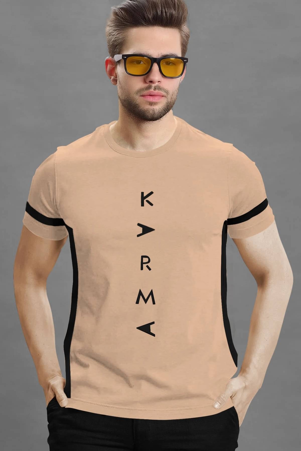 Tripr Men Cotton Blend Regular Fit Printed T-Shirt ( Beige )     			Tripr Men Cotton Blend Regular Fit Printed T-Shirt ( Beige )