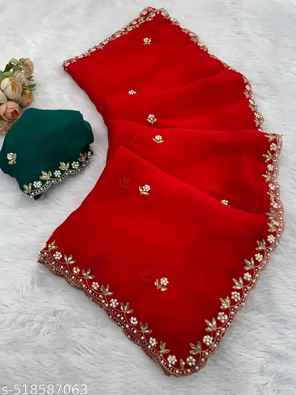     			V FANCY Chiffon Embroidered Kanjeevaram Sarees With Stitched Blouse ( Red )