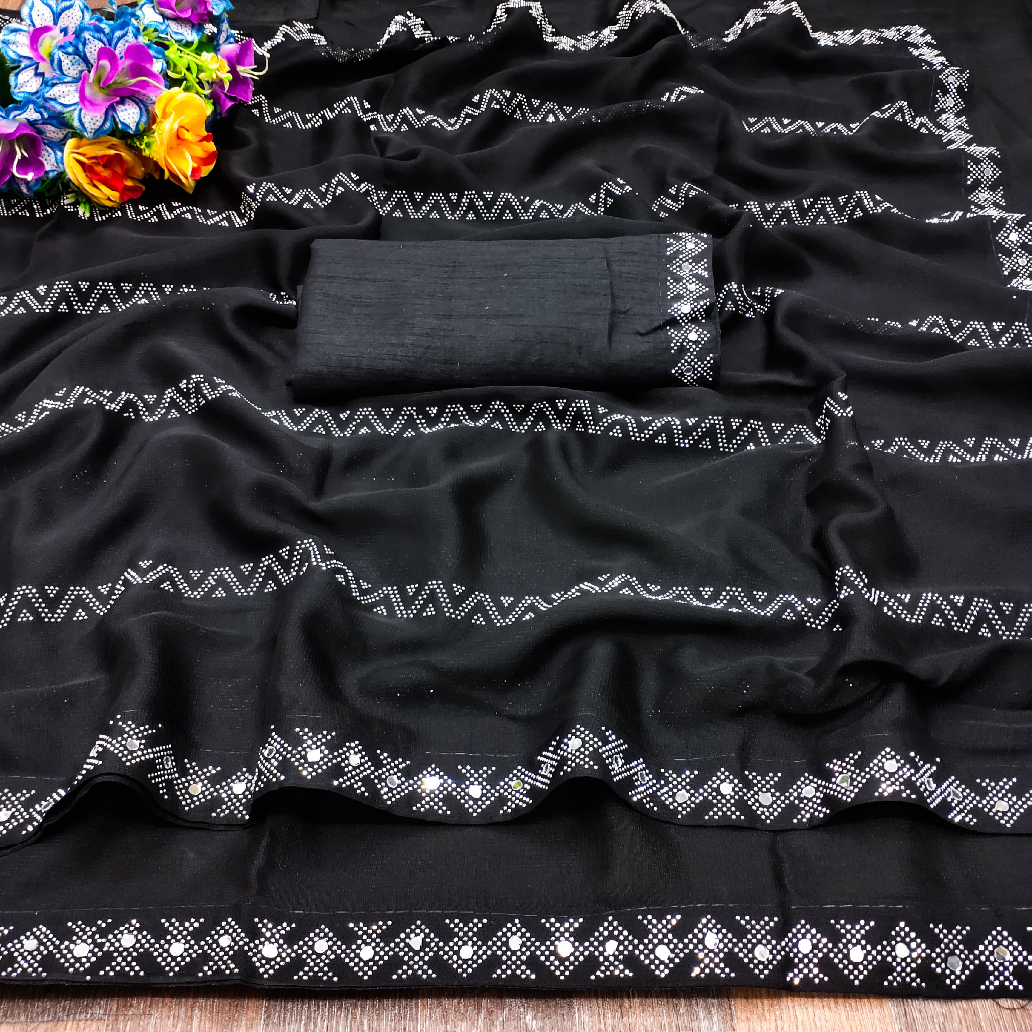 V FANCY Georgette Solid Kanjeevaram Sarees With Stitched Blouse ( Black ) V FANCY Georgette Solid Kanjeevaram Sarees With Stitched Blouse ( Black )