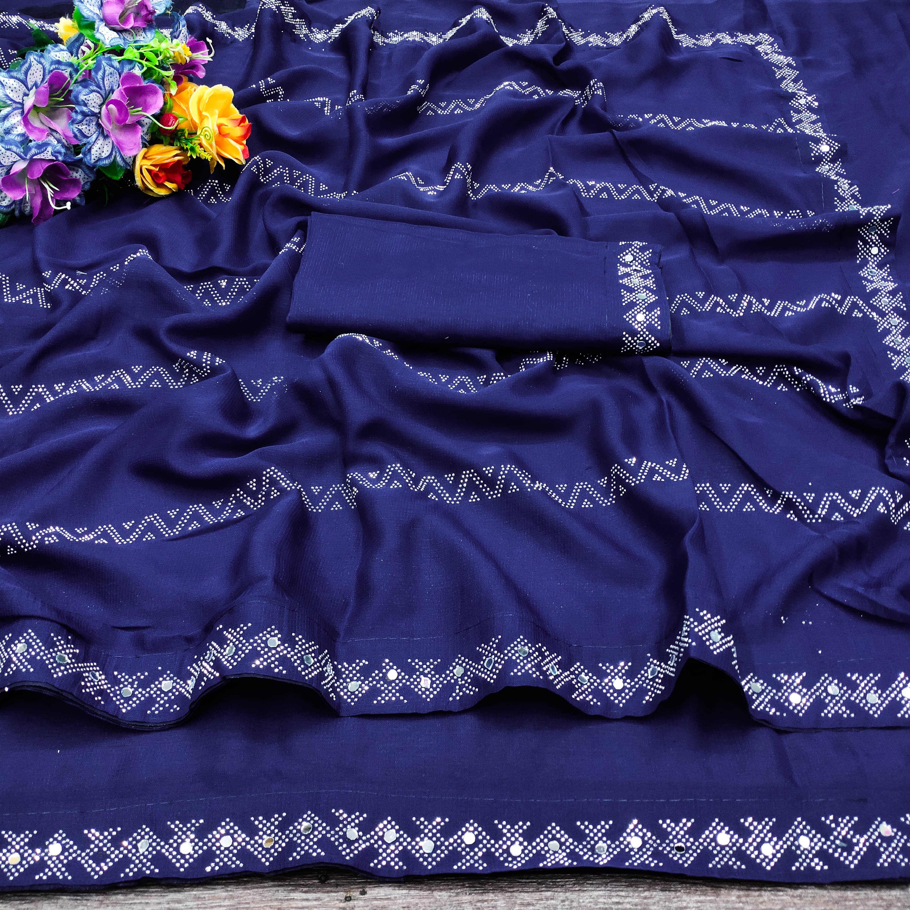     			V FANCY Georgette Solid Kanjeevaram Sarees With Stitched Blouse ( Navy Blue )